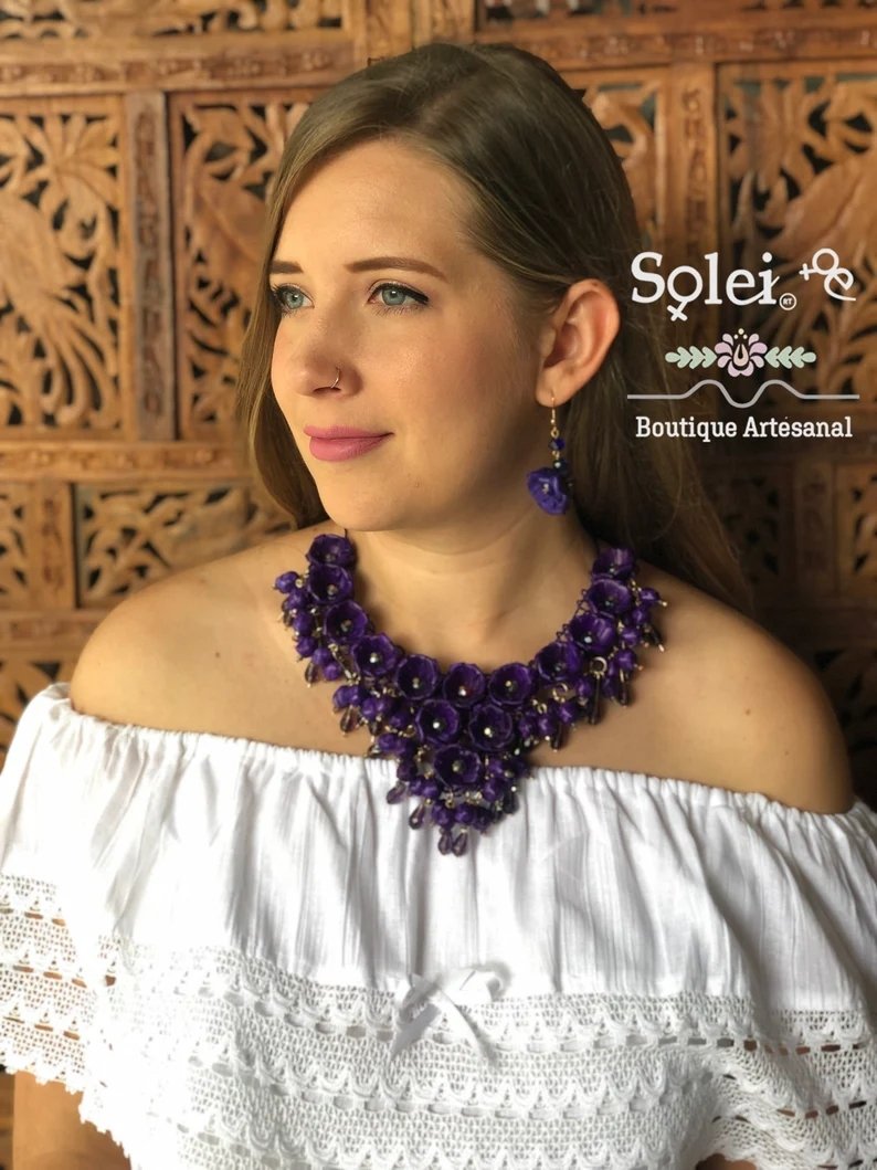 Mexican Jewerly Set. Palm Leaf Flower Necklace and Earrings. Collar de Palma Corto - Solei Store
