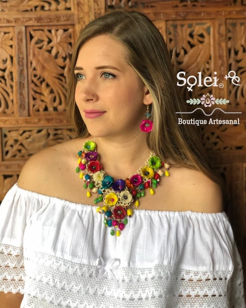Mexican Jewerly Set. Palm Leaf Flower Necklace and Earrings. Collar de Palma Corto - Solei Store