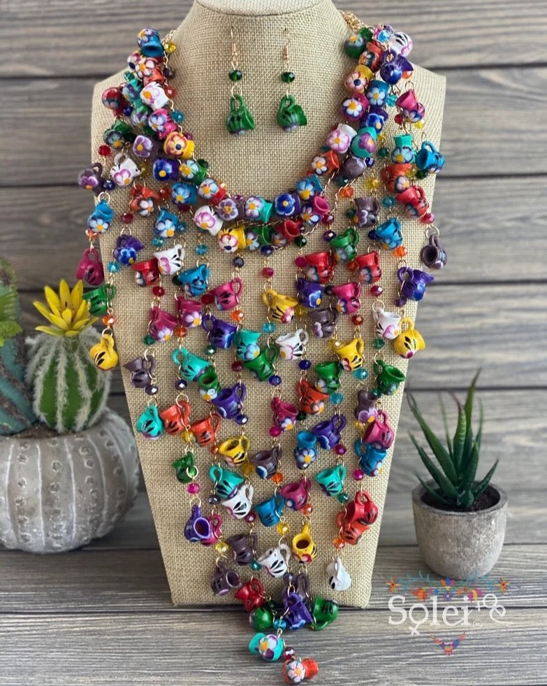 Mexican Jewerly Set. Traditional Little Ceramick Jar Necklace & Earrings. Handmade Jewelry. Collar Jarritos - Solei Store