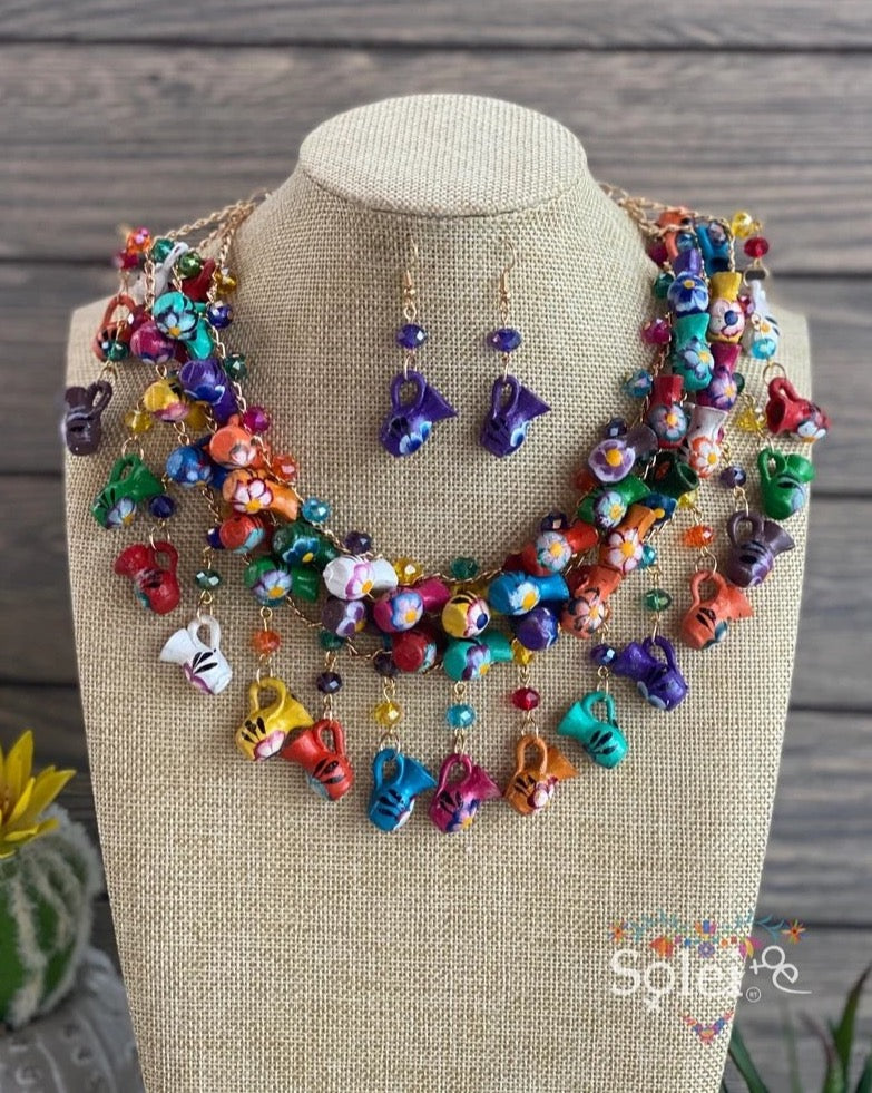 Mexican Jewerly Set. Traditional Little Ceramick Jar Necklace & Earrings. Handmade Jewelry. Collar Jarritos - Solei Store