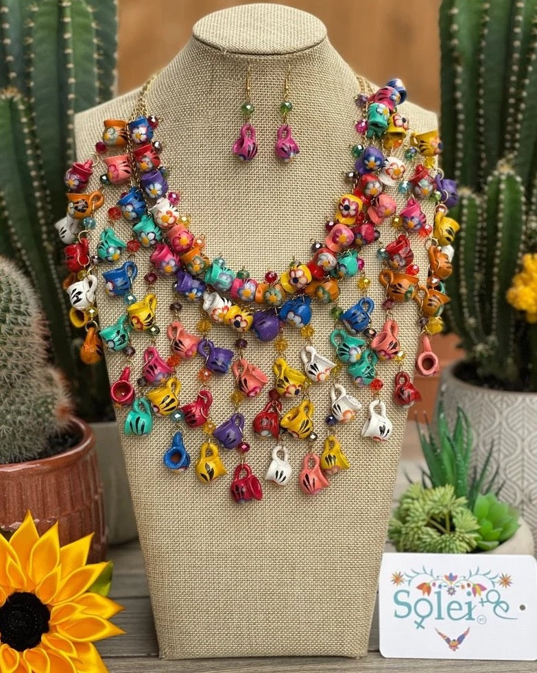 Mexican Jewerly Set. Traditional Little Ceramick Jar Necklace & Earrings. Handmade Jewelry. Collar Jarritos - Solei Store