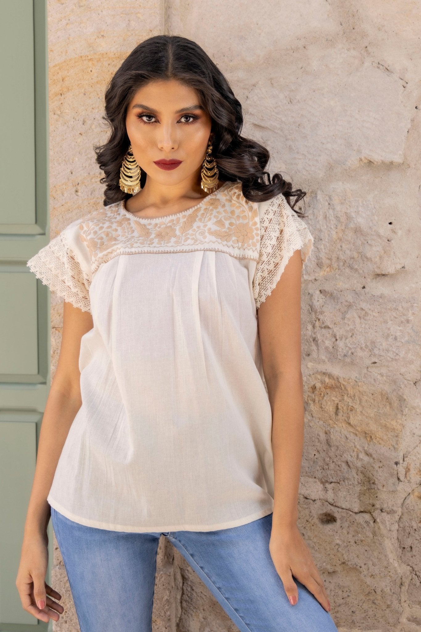 Mexican Lace Sleeve Golden Floral Blouse. Blusa Delfina Dorada. - Solei Store