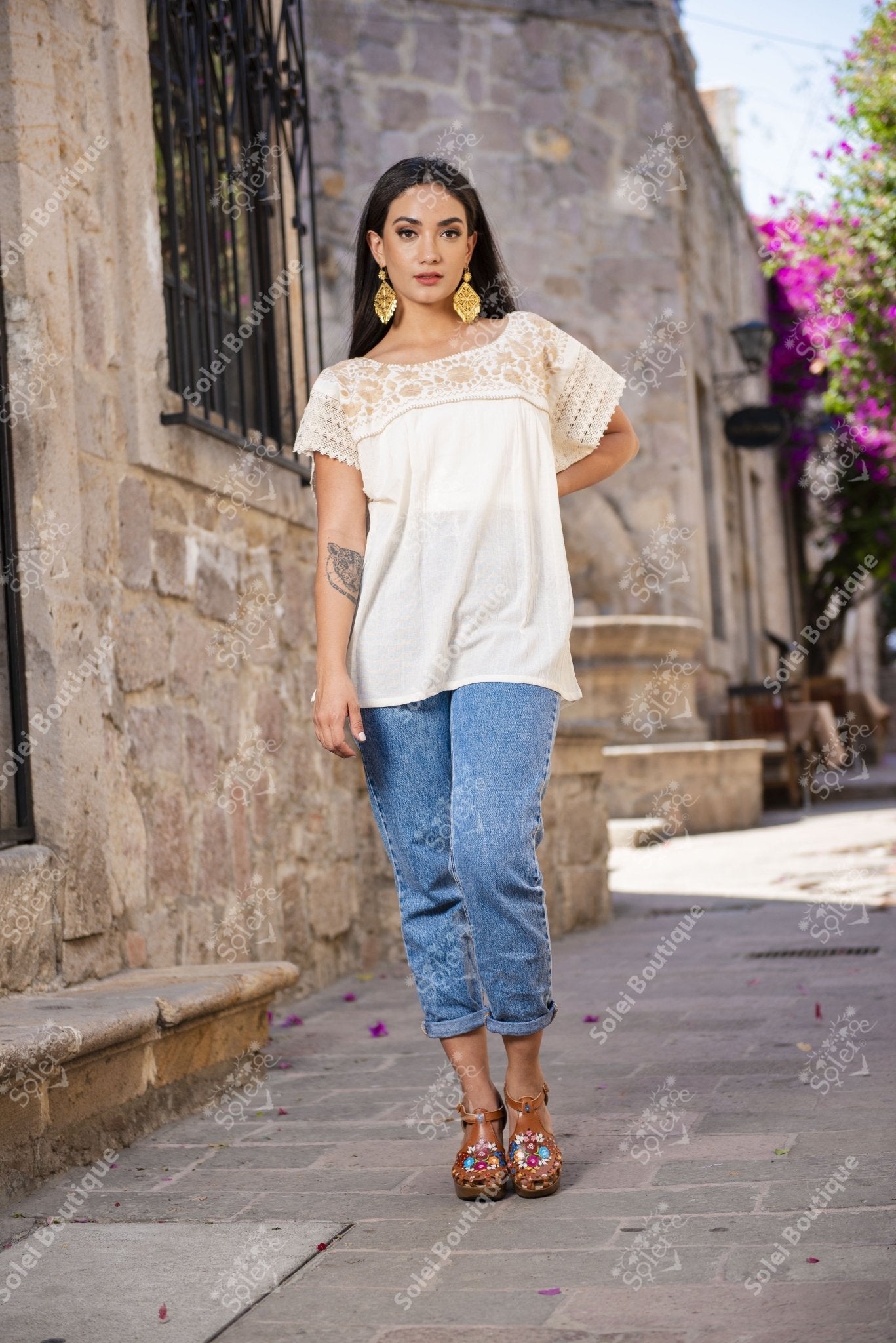 Mexican Lace Sleeve Golden Floral Blouse. Delfina Blouse. - Solei Store