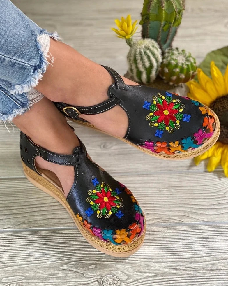 Mexican Leather Floral Platform Sandals. Huarache Areli. - Solei Store