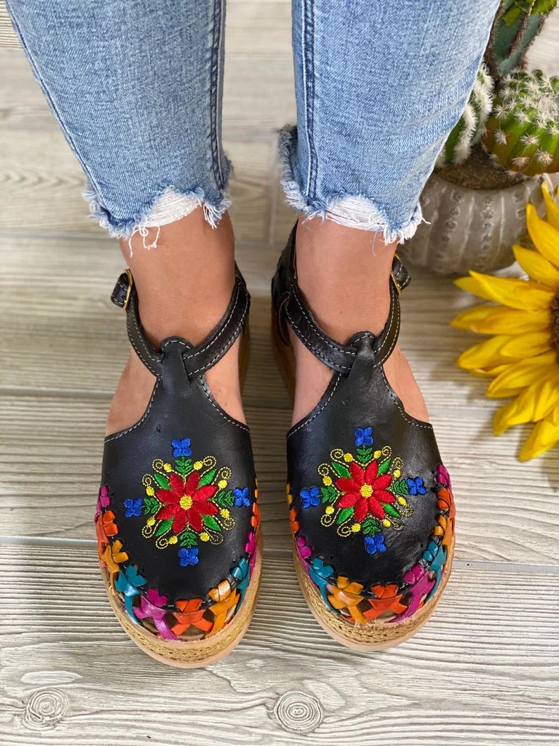 Mexican Leather Floral Platform Sandals. Huarache Areli. - Solei Store