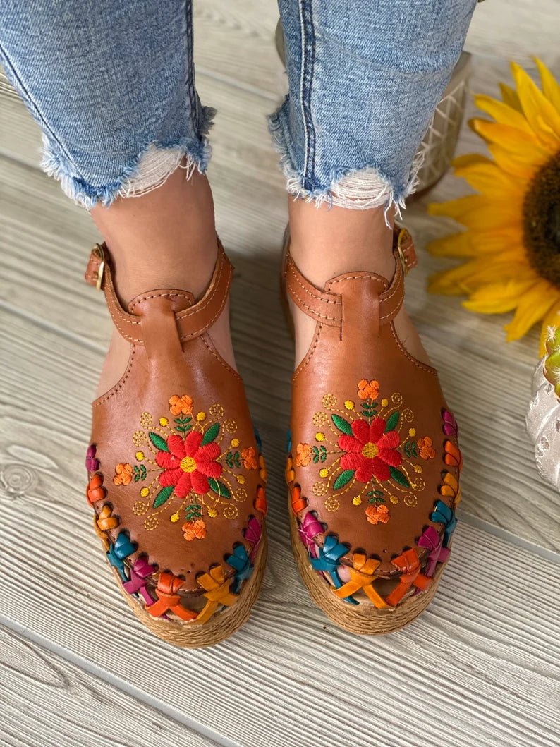 Mexican Leather Floral Platform Sandals. Huarache Areli. - Solei Store