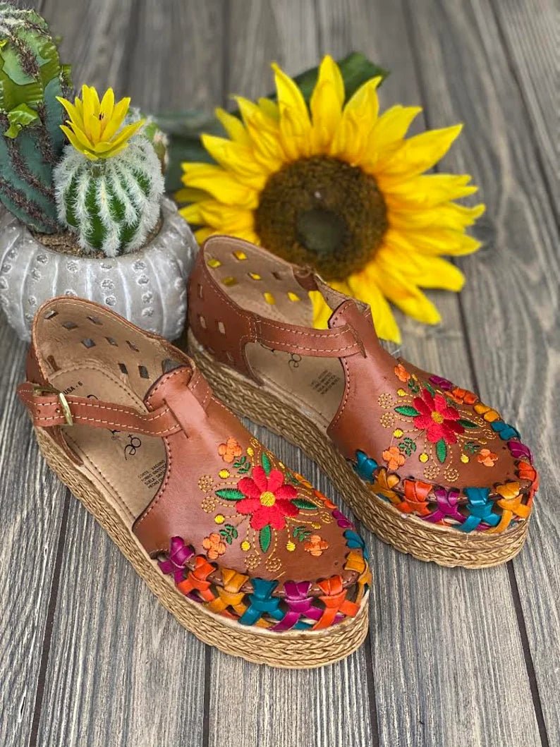 Mexican Leather Floral Platform Sandals. Huarache Areli. - Solei Store