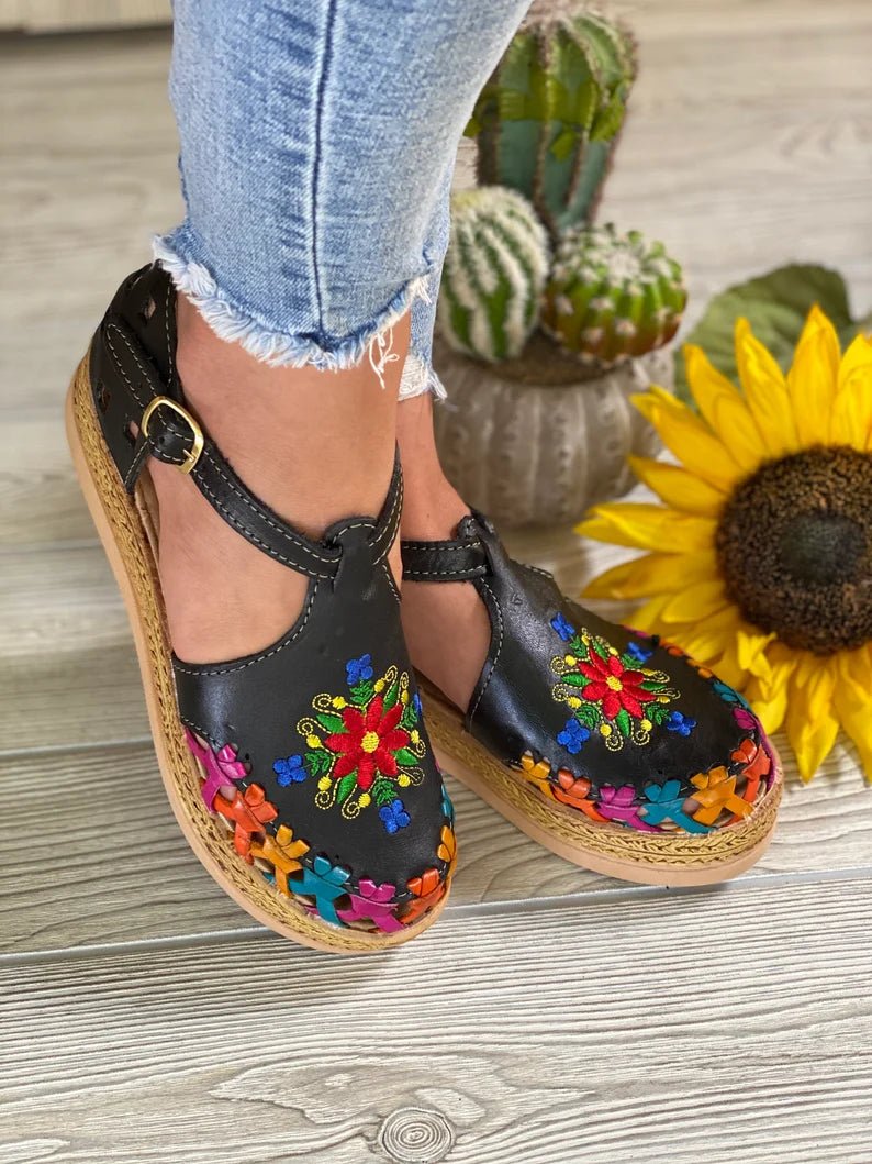 Mexican Leather Floral Platform Sandals. Huarache Areli. - Solei Store