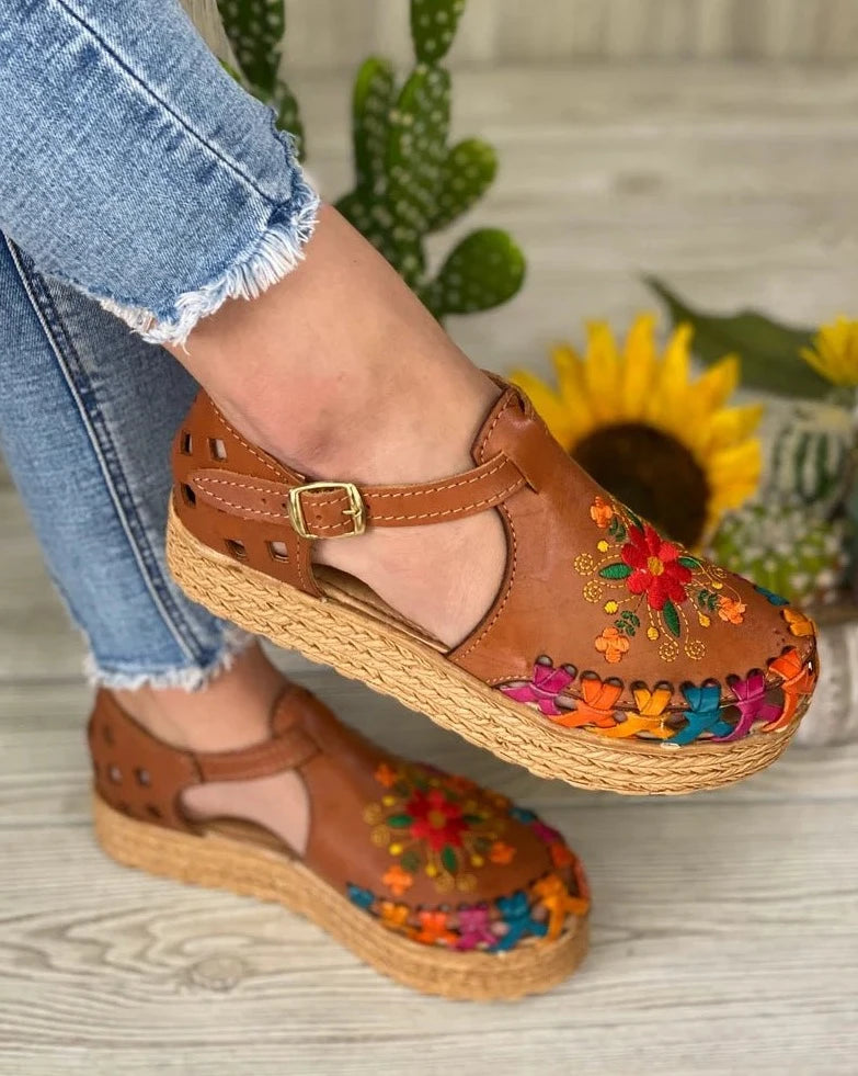 Mexican Leather Floral Platform Sandals. Huarache Areli. - Solei Store
