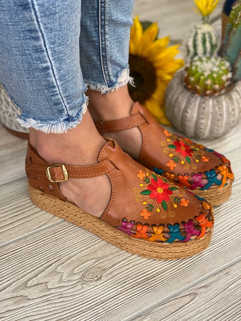 Mexican Leather Floral Platform Sandals. Huarache Areli. - Solei Store