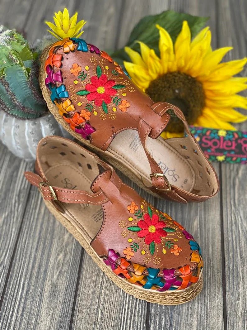 Mexican Leather Floral Platform Sandals. Huarache Areli. - Solei Store