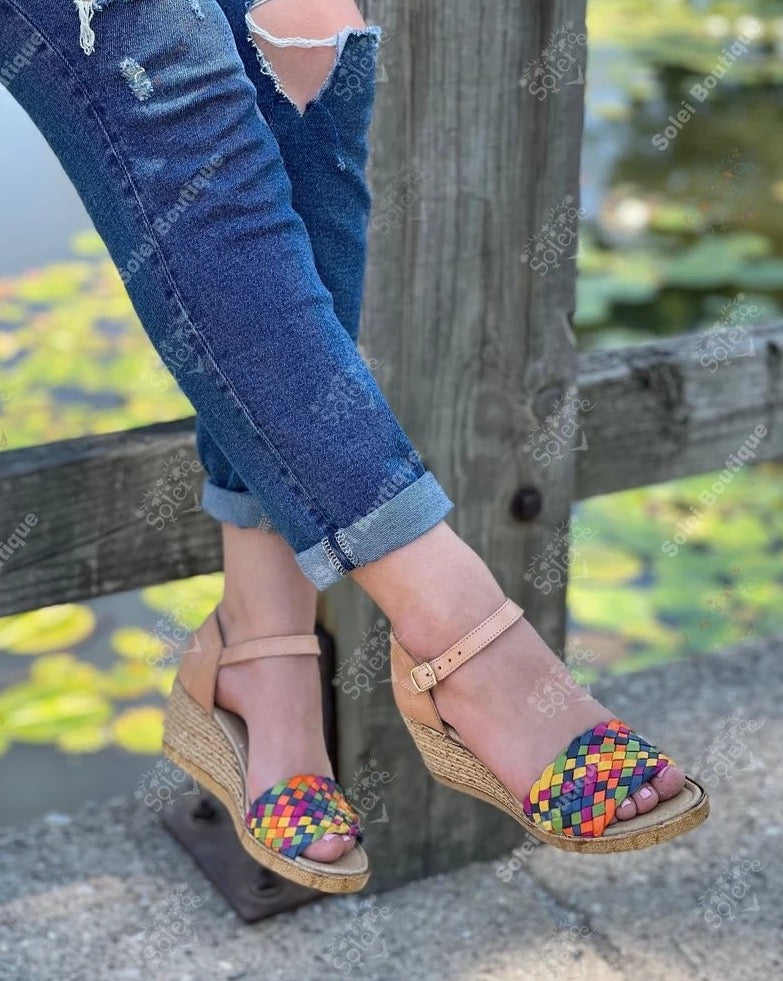 Mexican Leather Multicolor Wedge Heels. Claudia Multicolor Heels - Solei Store