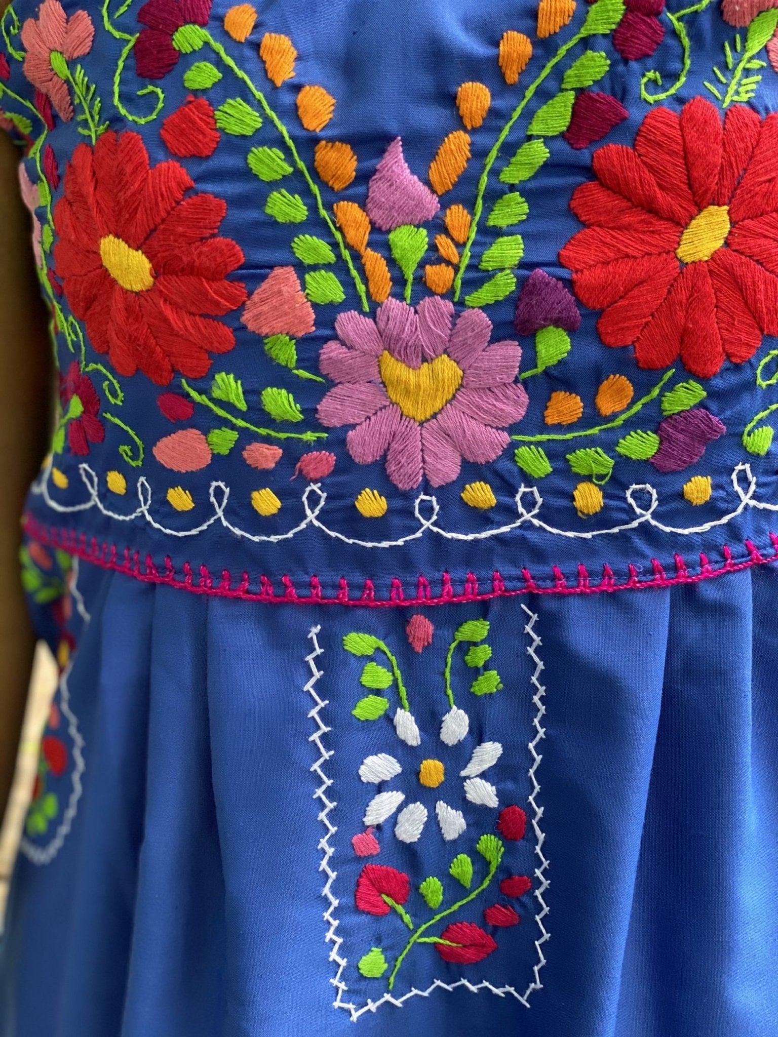 Mexican midi Strapless Dress, hand embroidered floral dress. - Solei Store