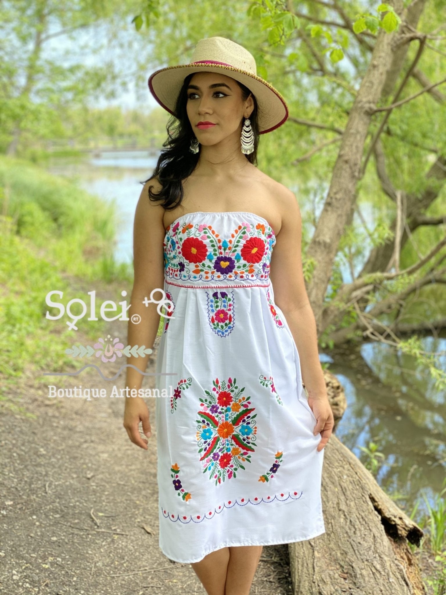Mexican midi Strapless Dress, hand embroidered floral dress. - Solei Store
