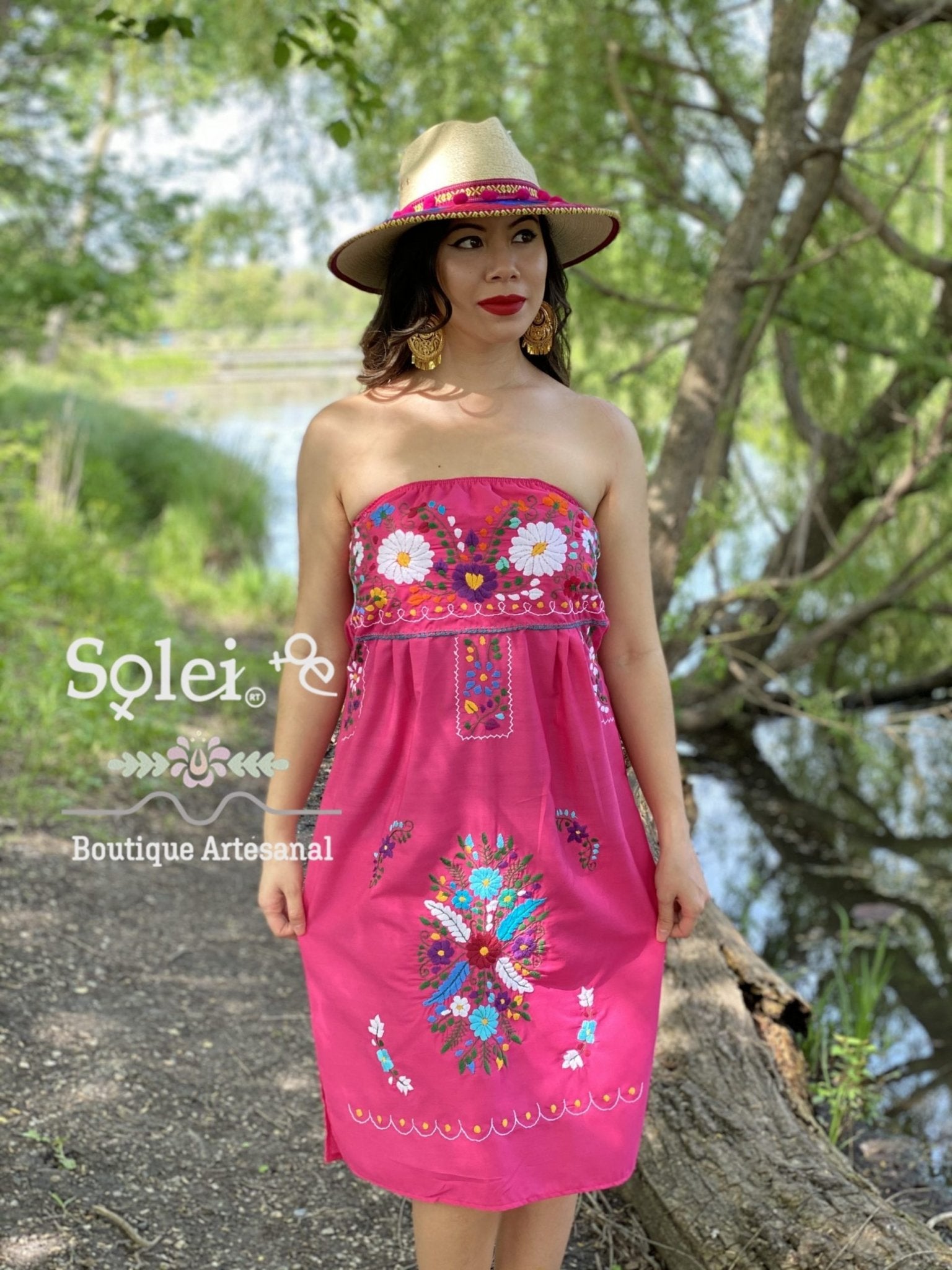 Mexican midi Strapless Dress, hand embroidered floral dress. - Solei Store