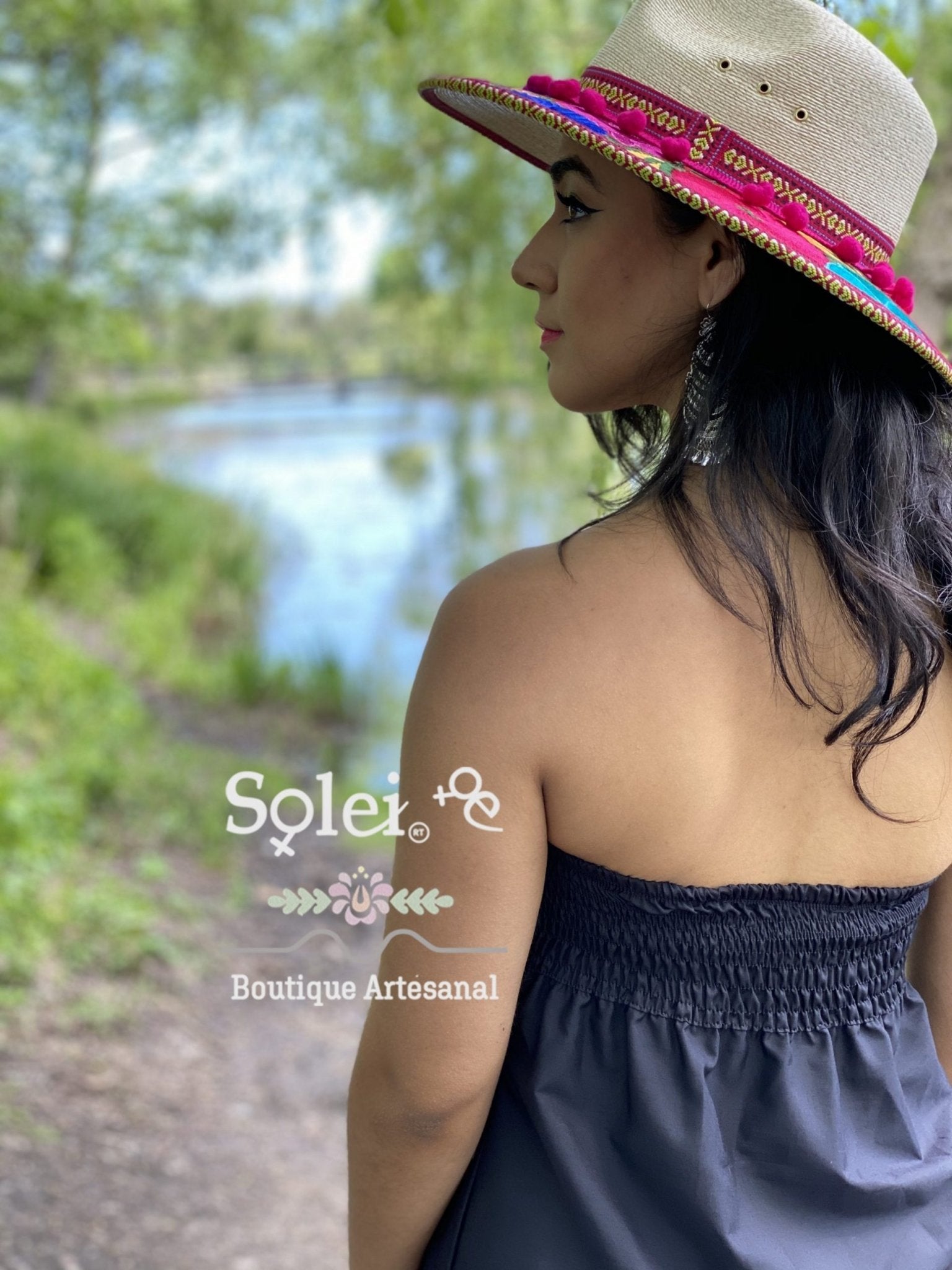 Mexican midi Strapless Dress, hand embroidered floral dress. - Solei Store