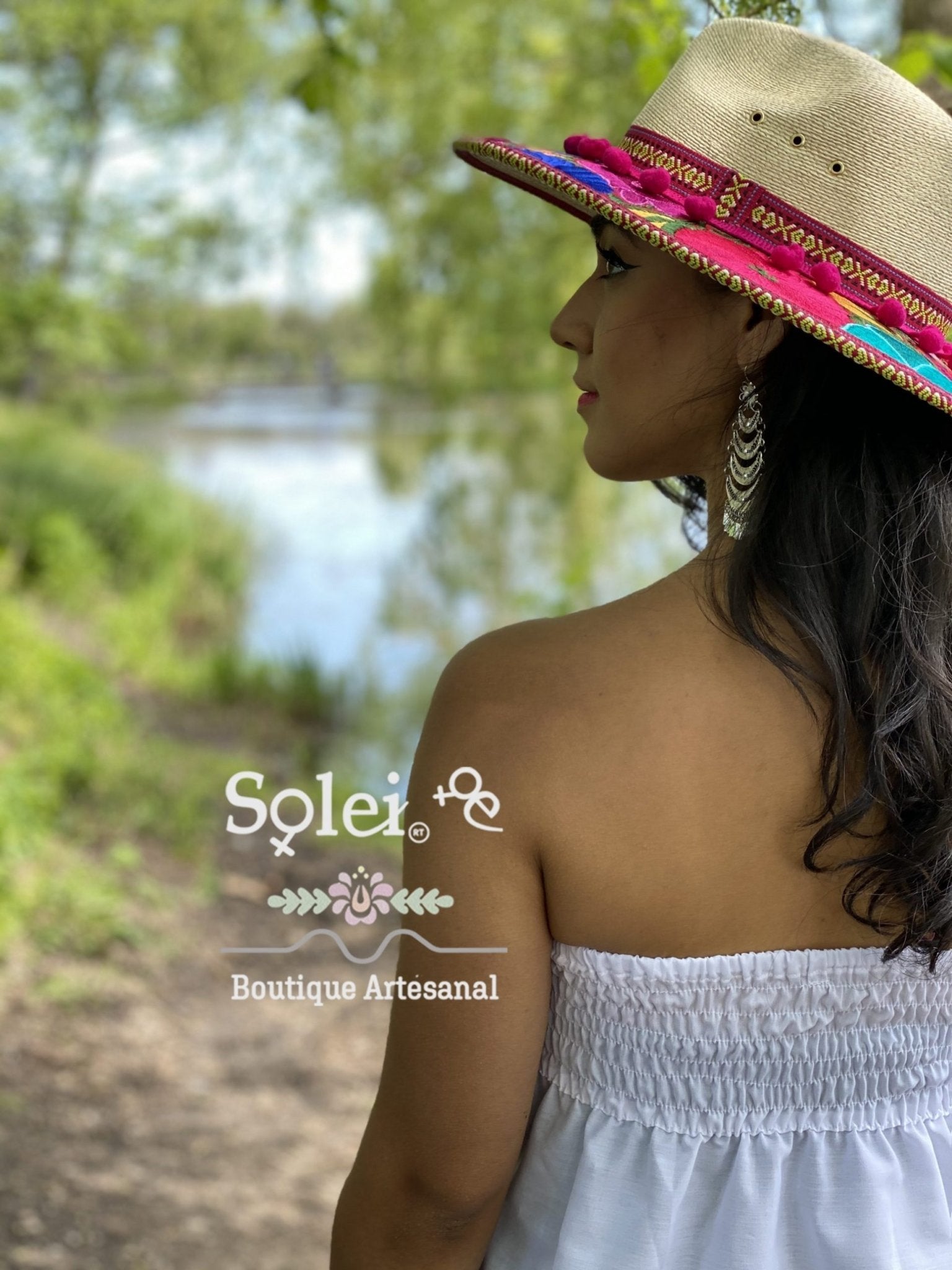 Mexican midi Strapless Dress, hand embroidered floral dress. - Solei Store
