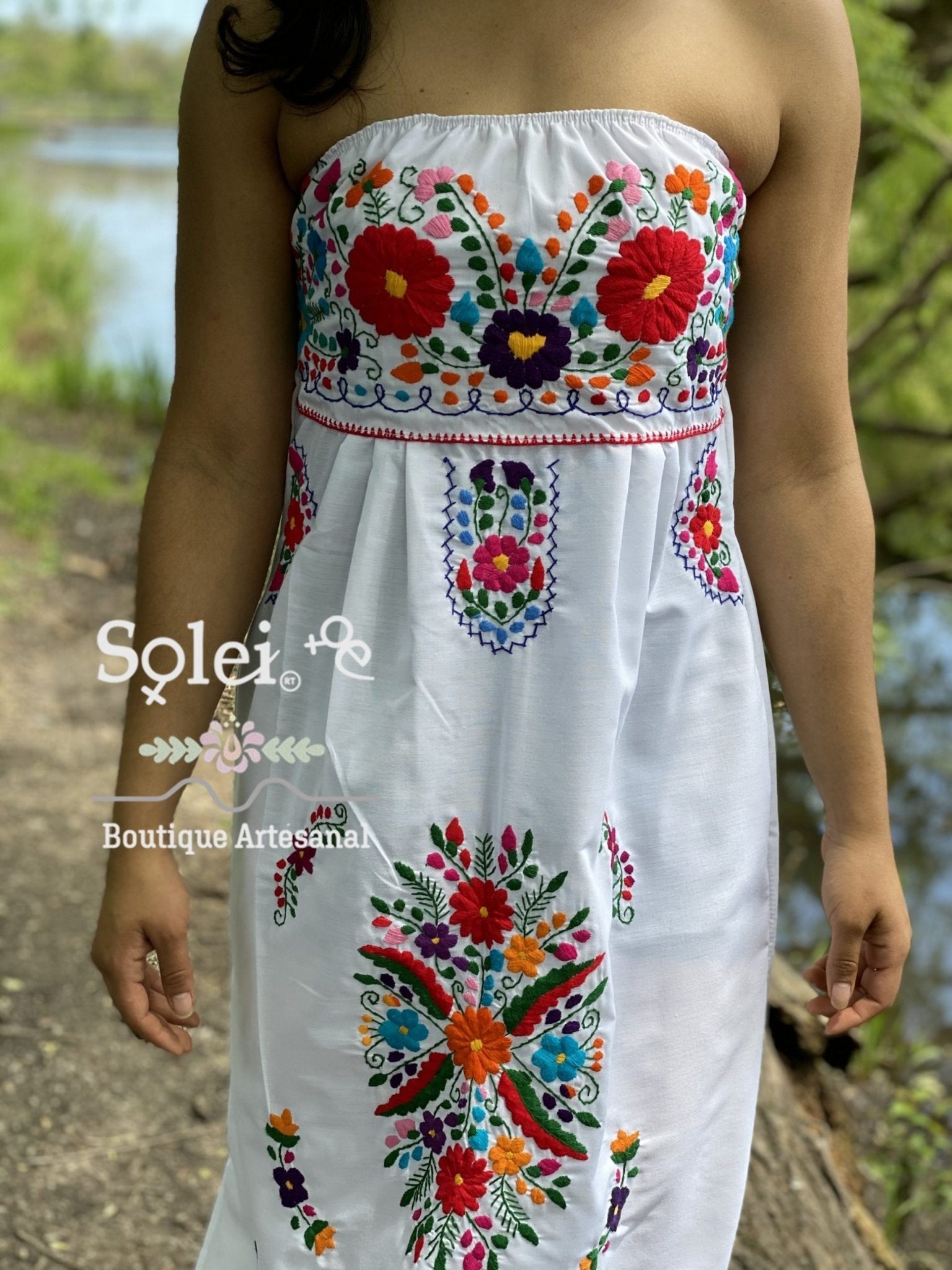 Mexican midi Strapless Dress, hand embroidered floral dress. - Solei Store