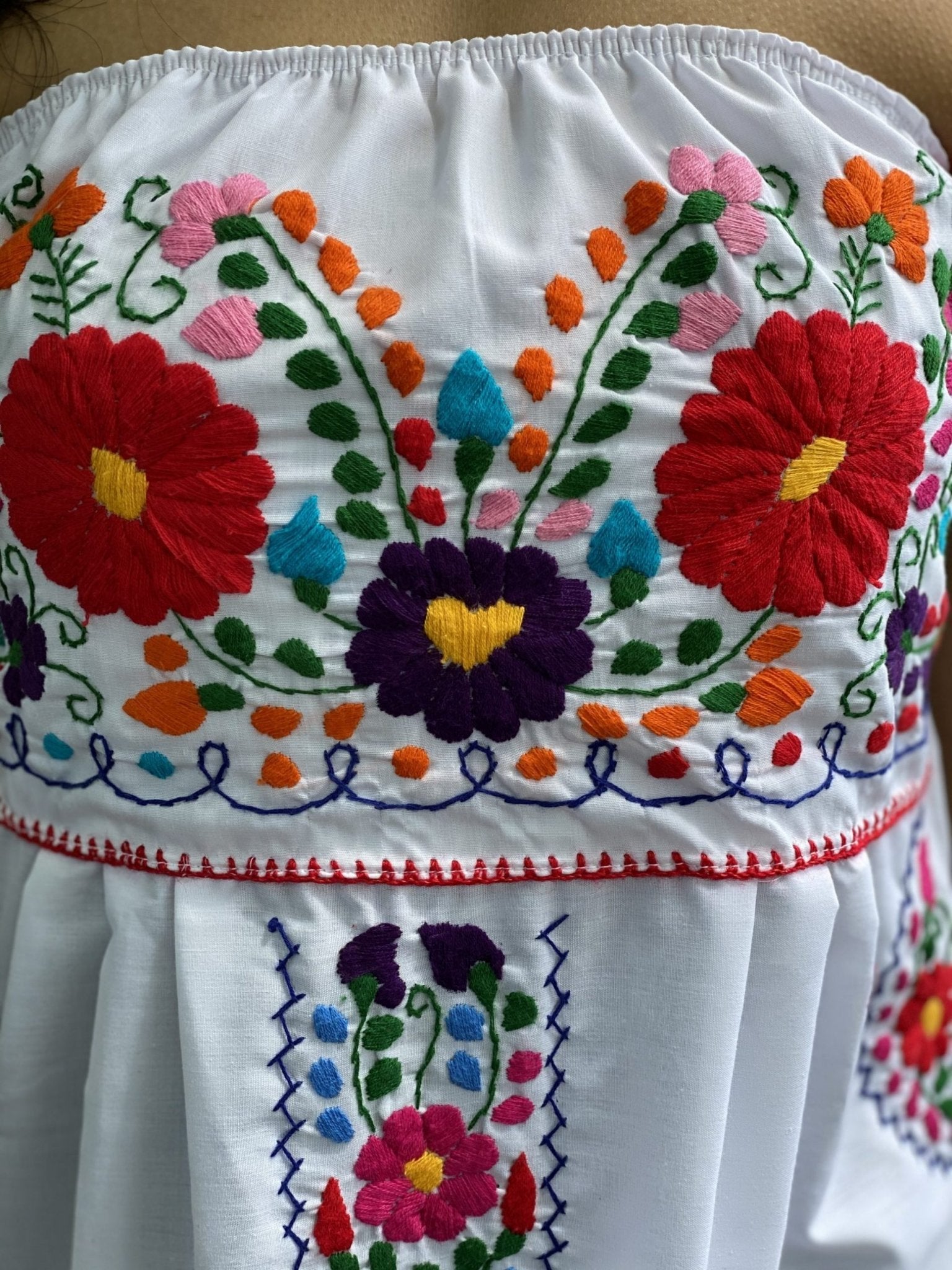 Mexican midi Strapless Dress, hand embroidered floral dress. - Solei Store