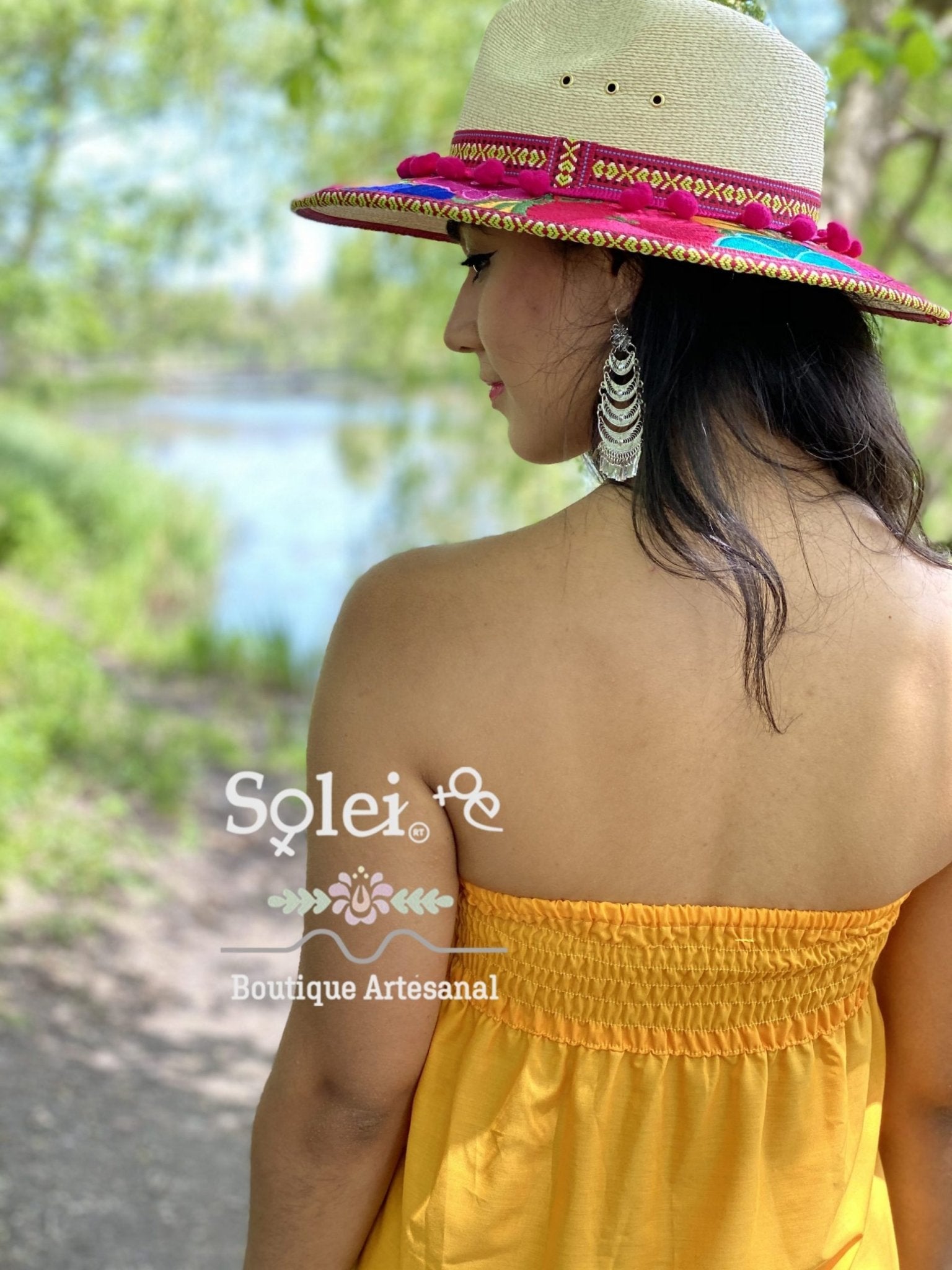 Mexican midi Strapless Dress, hand embroidered floral dress. - Solei Store