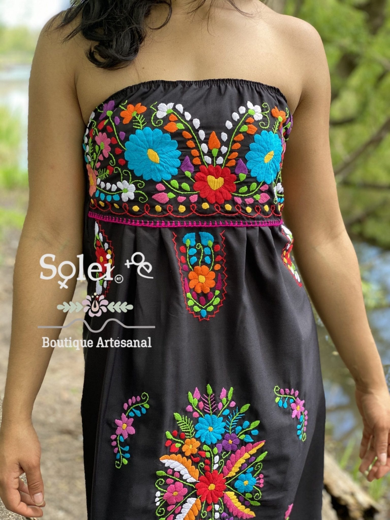 Mexican midi Strapless Dress, hand embroidered floral dress. - Solei Store