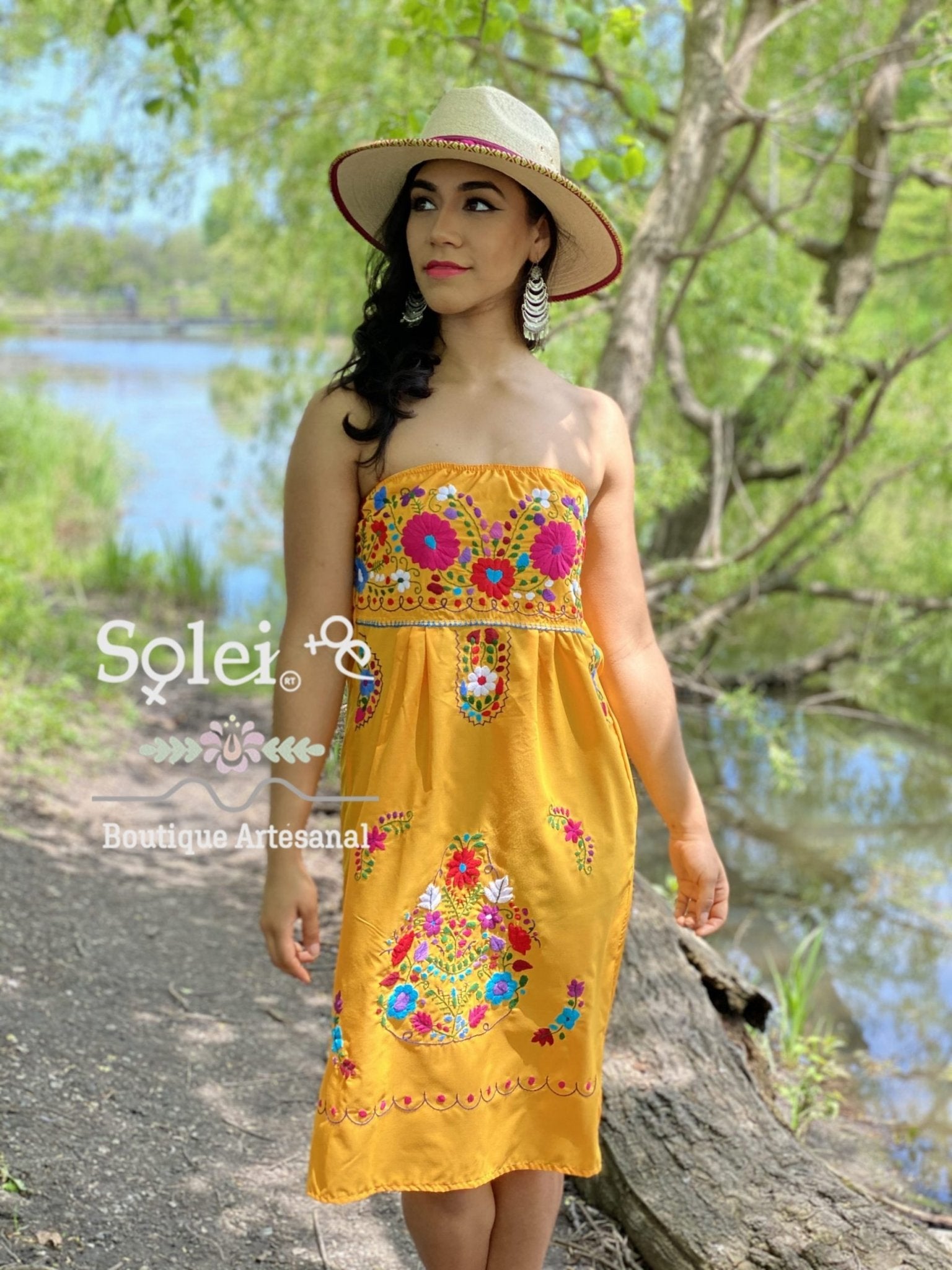 Mexican midi Strapless Dress, hand embroidered floral dress. - Solei Store