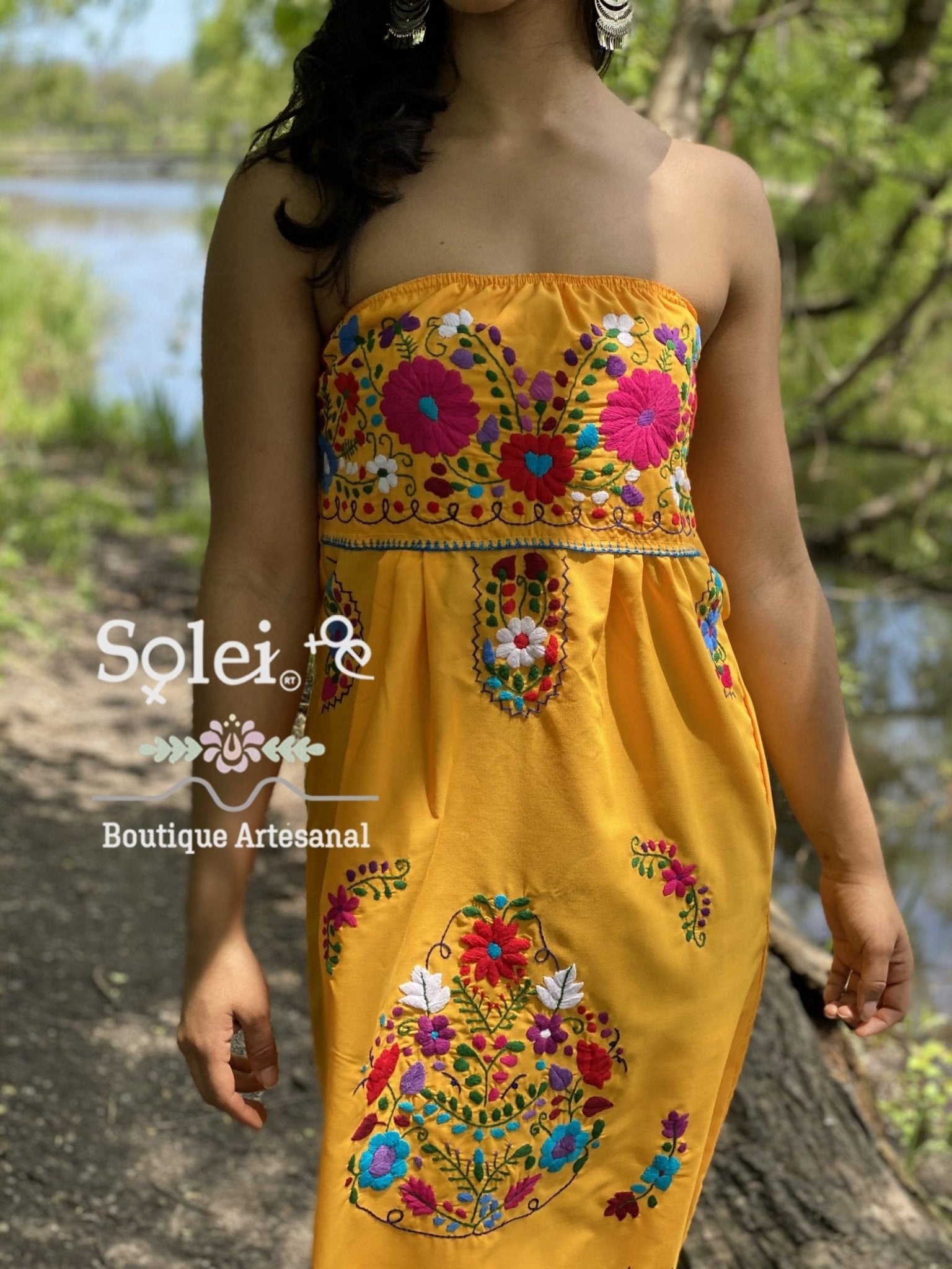 Mexican midi Strapless Dress, hand embroidered floral dress. - Solei Store