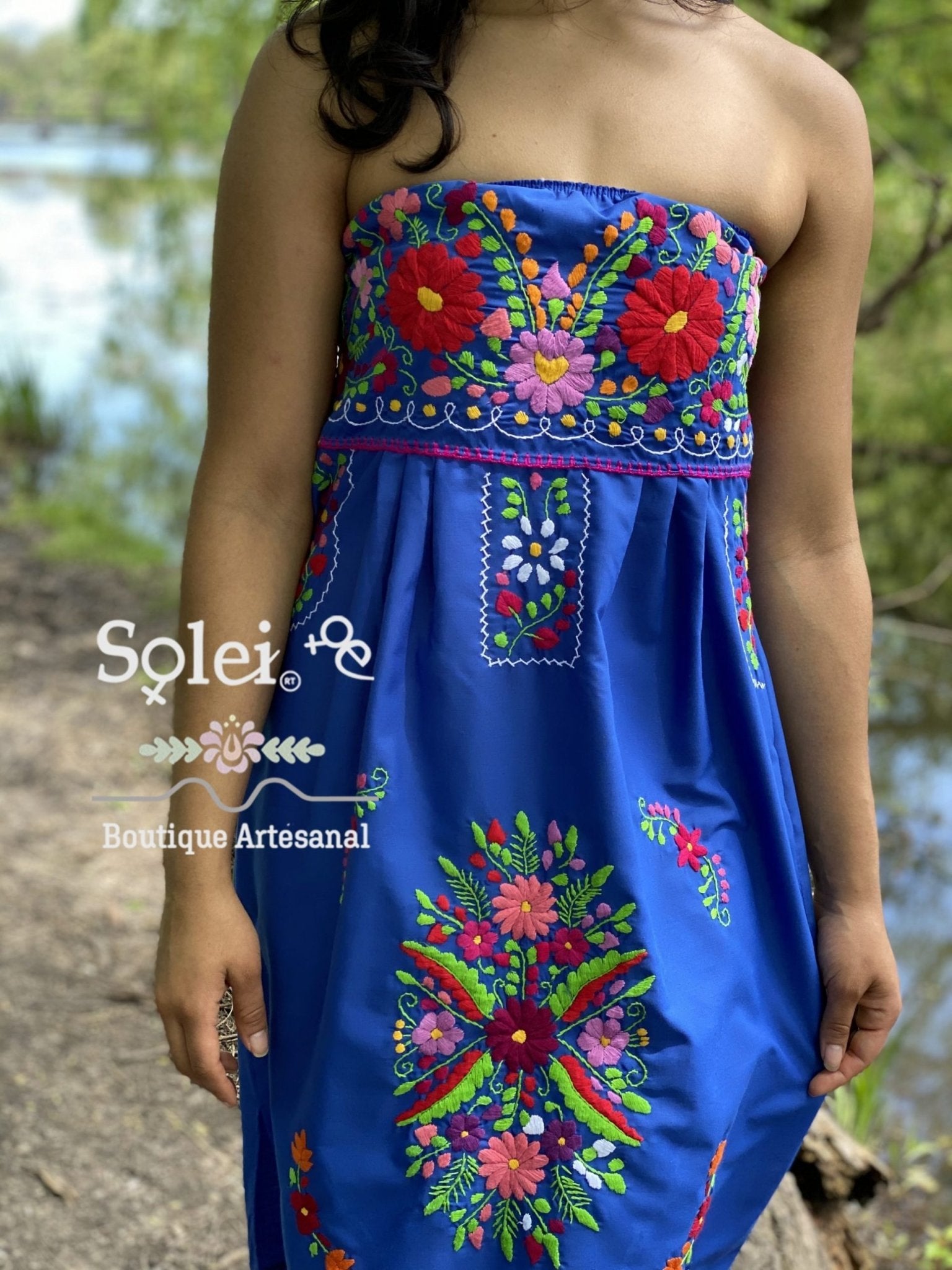 Mexican midi Strapless Dress, hand embroidered floral dress. - Solei Store