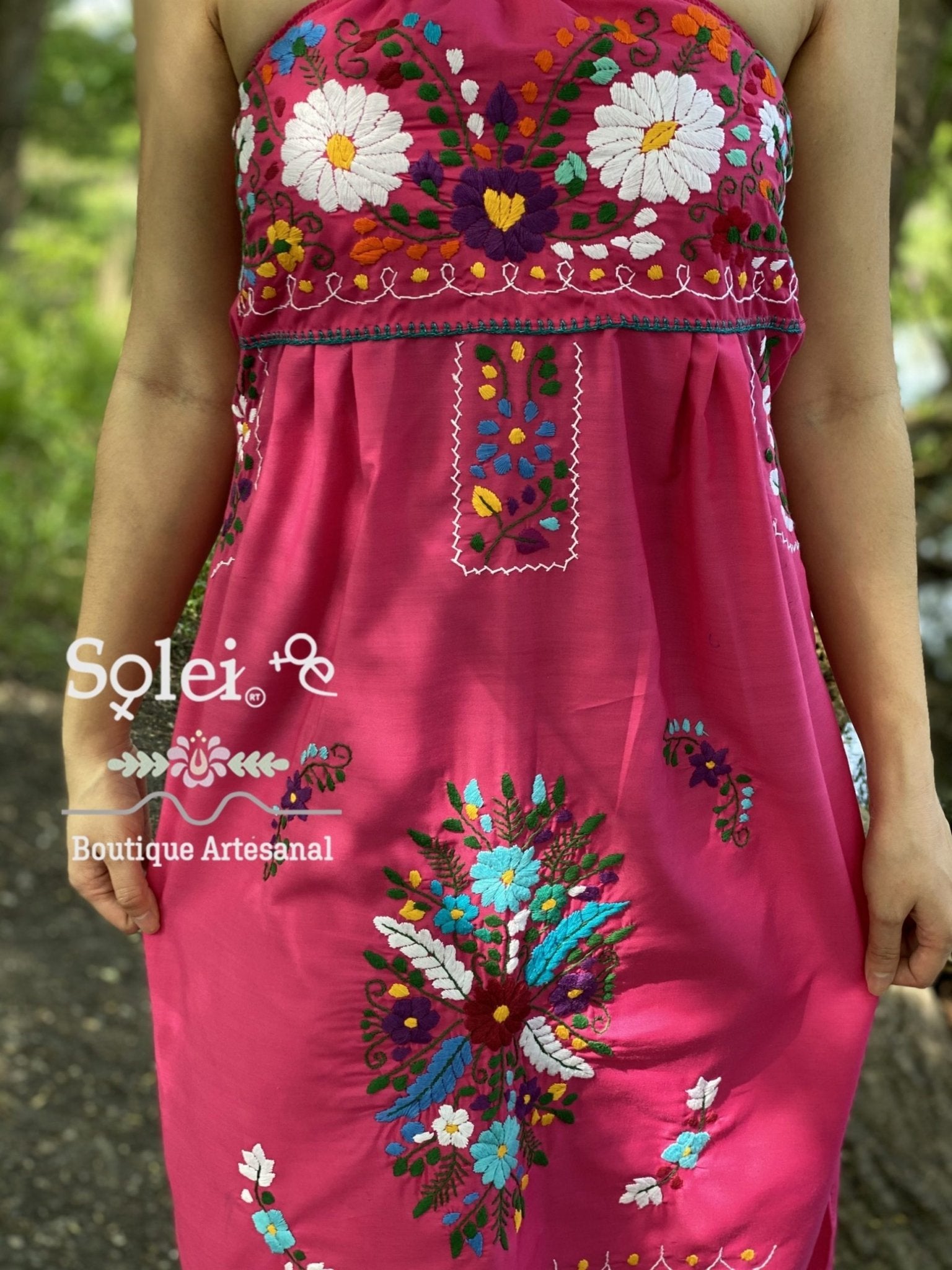 Mexican midi Strapless Dress, hand embroidered floral dress. - Solei Store