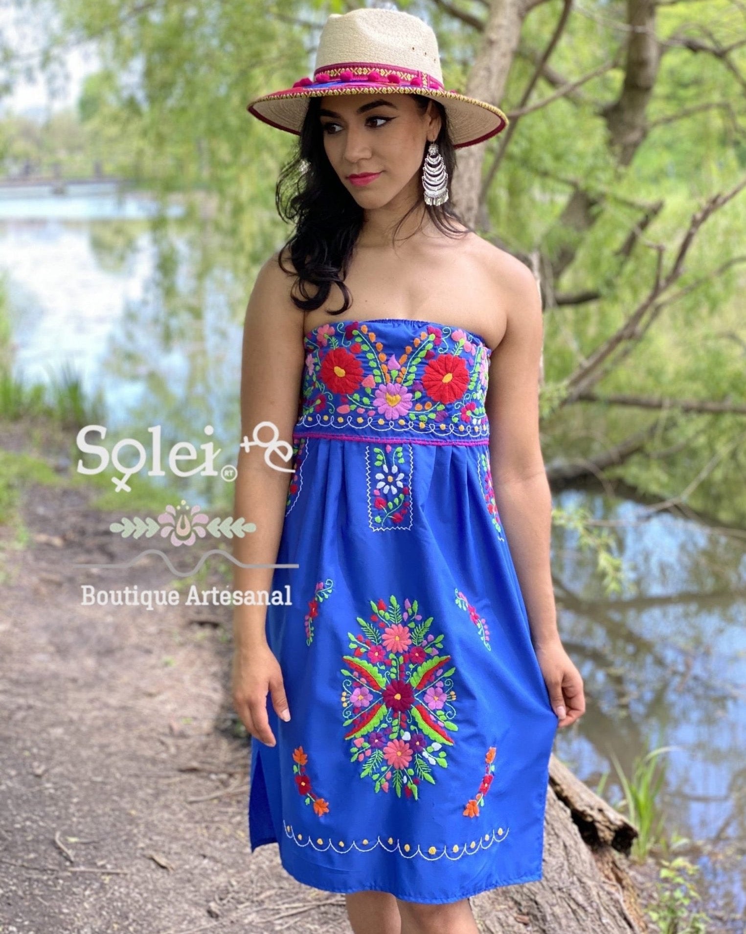 Mexican midi Strapless Dress, hand embroidered floral dress. - Solei Store