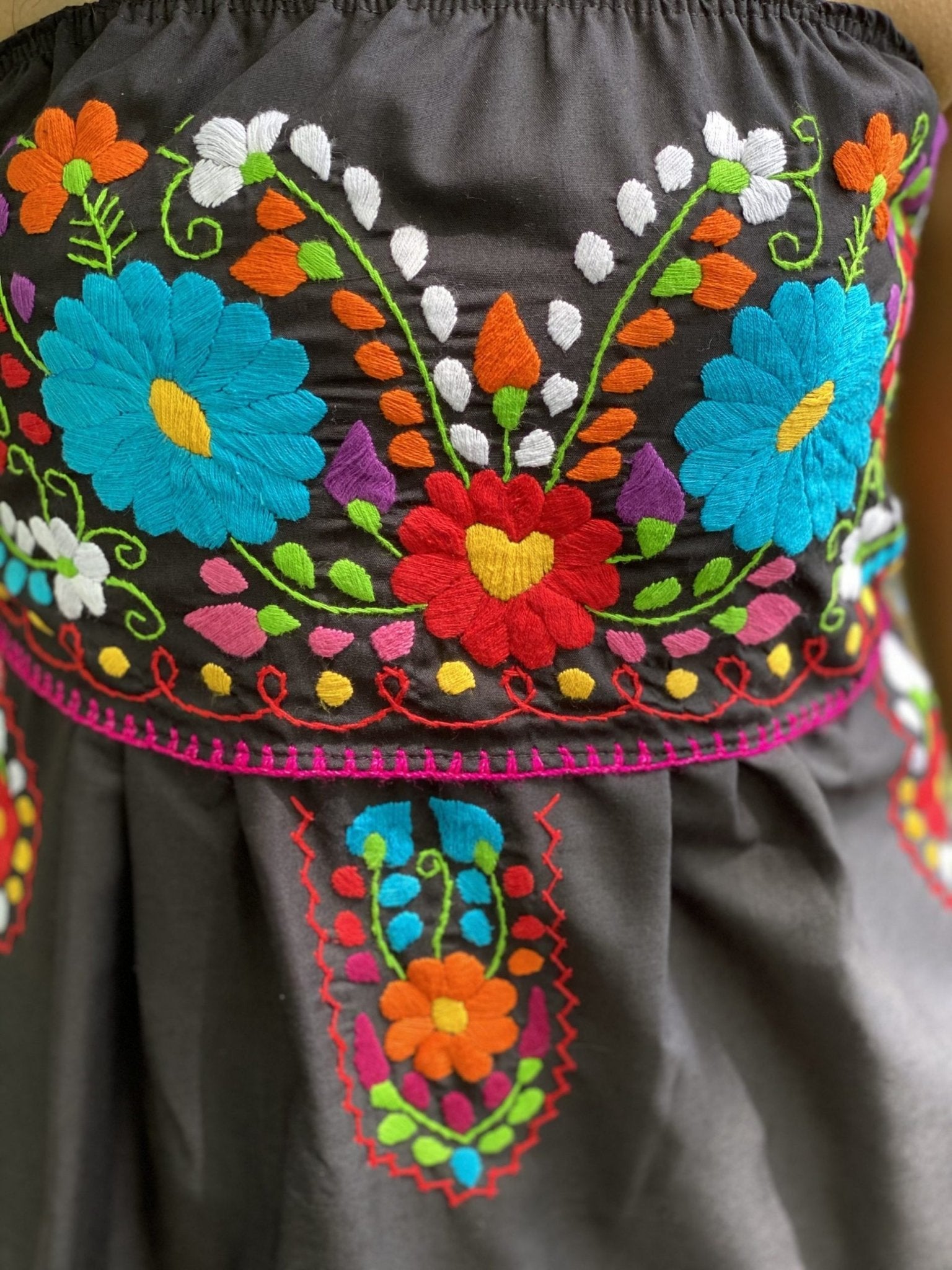 Mexican midi Strapless Dress, hand embroidered floral dress. - Solei Store