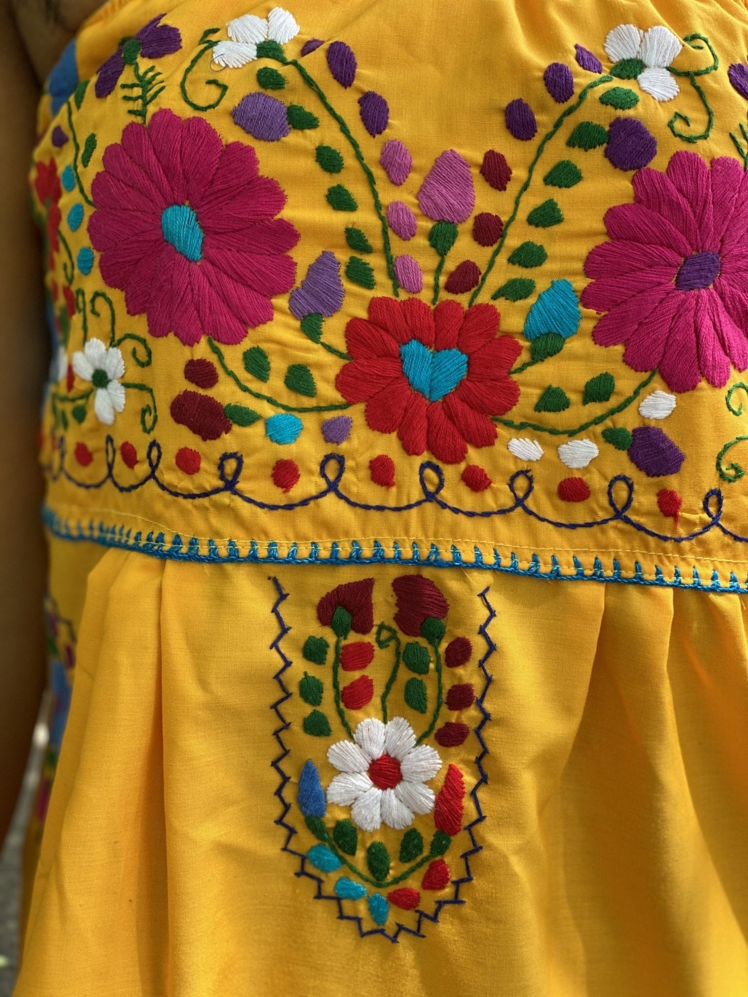 Mexican midi Strapless Dress, hand embroidered floral dress. - Solei Store