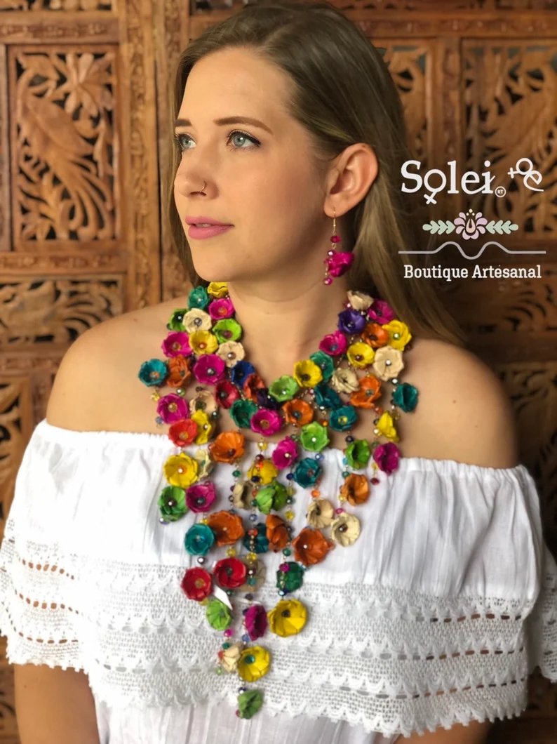 Mexican Necklace and Earrings made out of Palm branch. Collar de Palma Largo - Solei Store