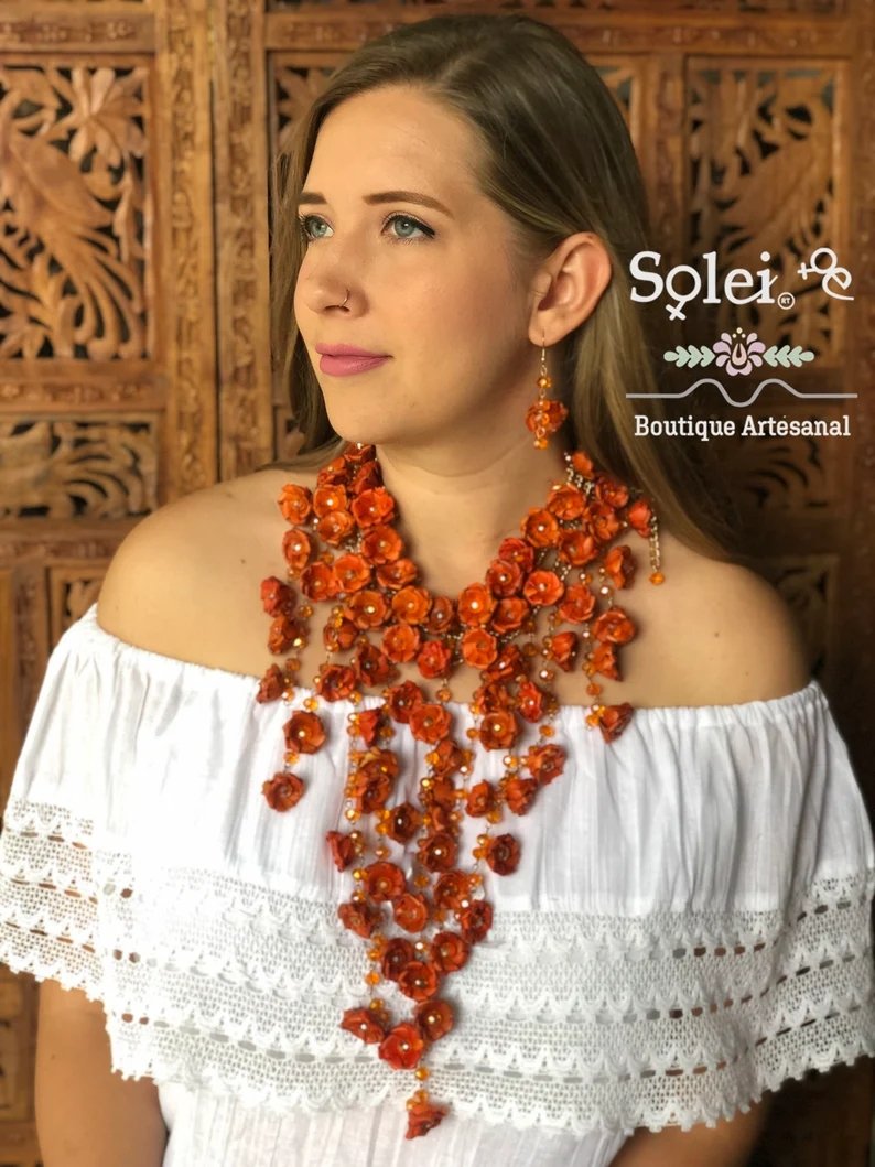 Mexican Necklace and Earrings made out of Palm branch. Collar de Palma Largo - Solei Store