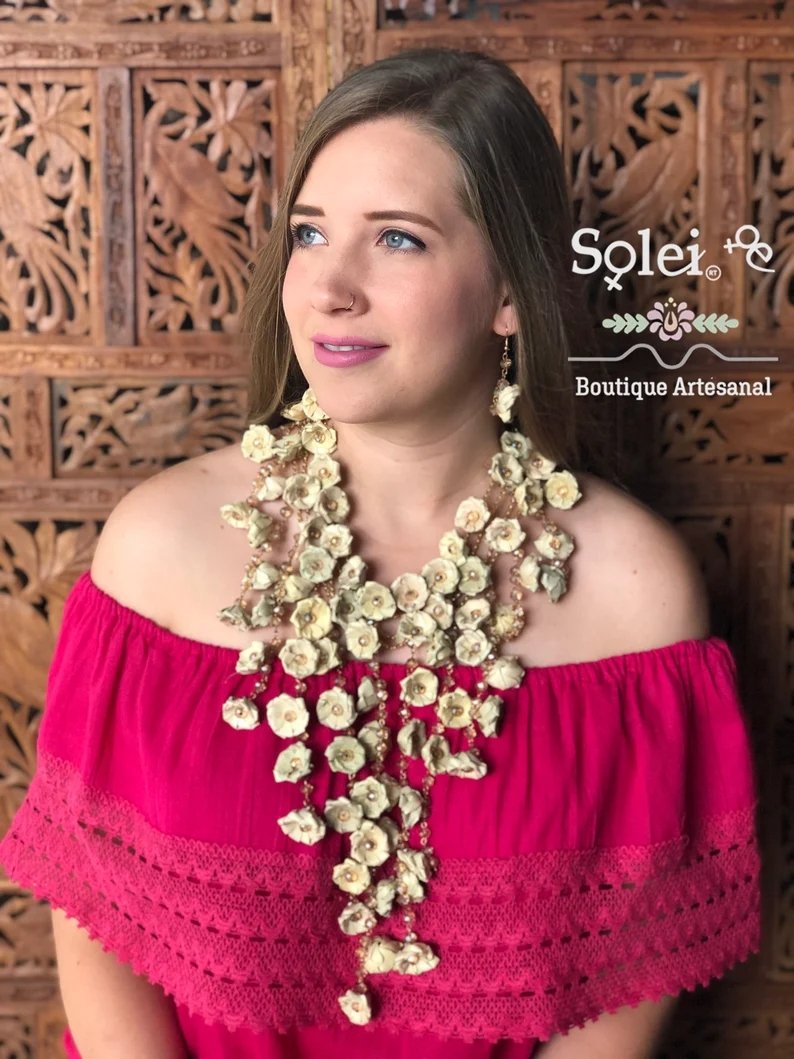 Mexican Necklace and Earrings made out of Palm branch. Collar de Palma Largo - Solei Store