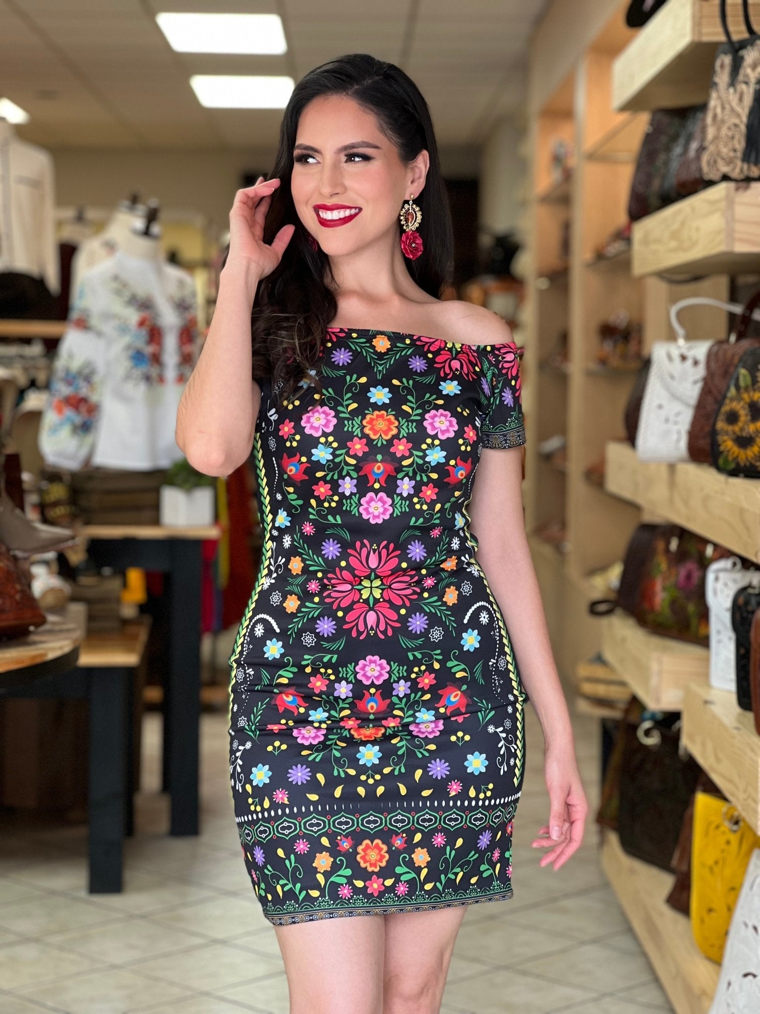 Mexican Off the Shoulder Floral Print Dress. Vestido Zulema - Solei Store