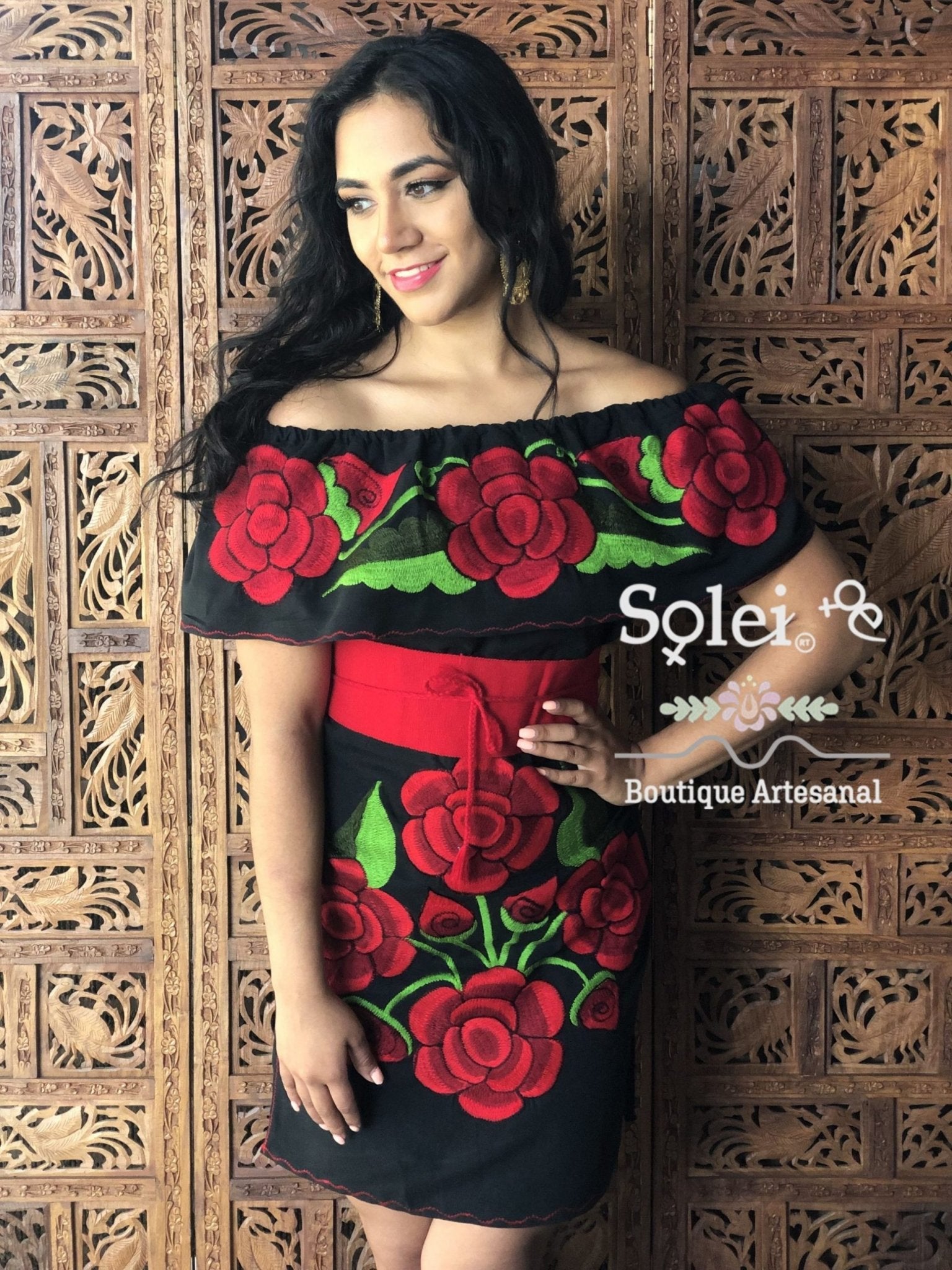 Mexican peasant style dress. Off the shoulder dress with embroidered red flowers. - Solei Store