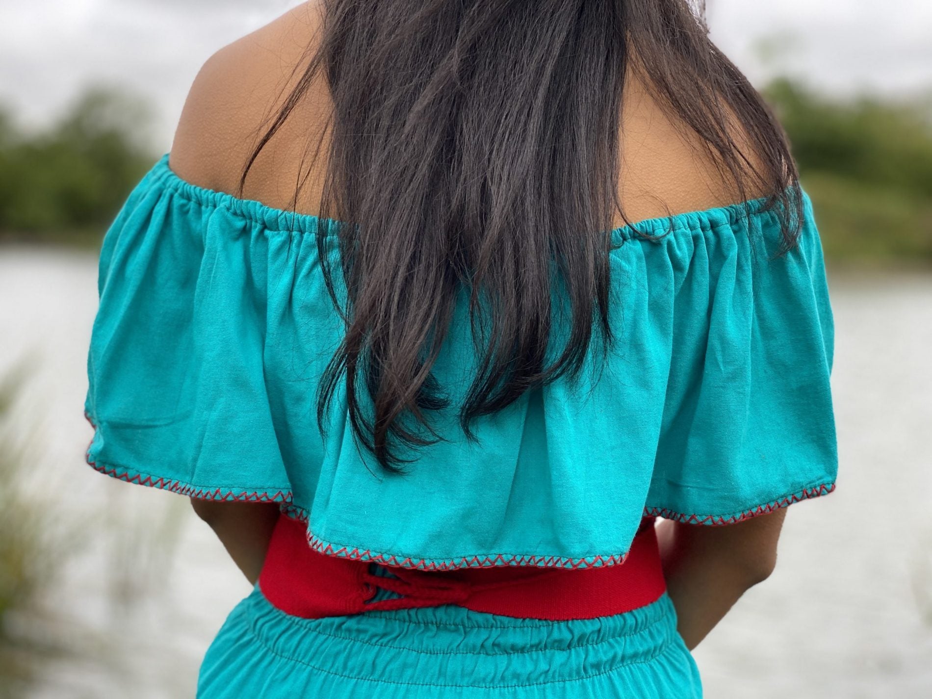 Mexican Peasant style dress. Off the shoulder dress with floral embroidery. Hand embroidered dress. Belt included - Solei Store
