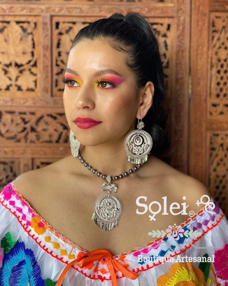 Mexican Silver Filigree Choker and Earrings. Traditional Mexican Jewelry. Elegant Choker Necklace. Encaje Redondo Perlas Plata - Solei Store