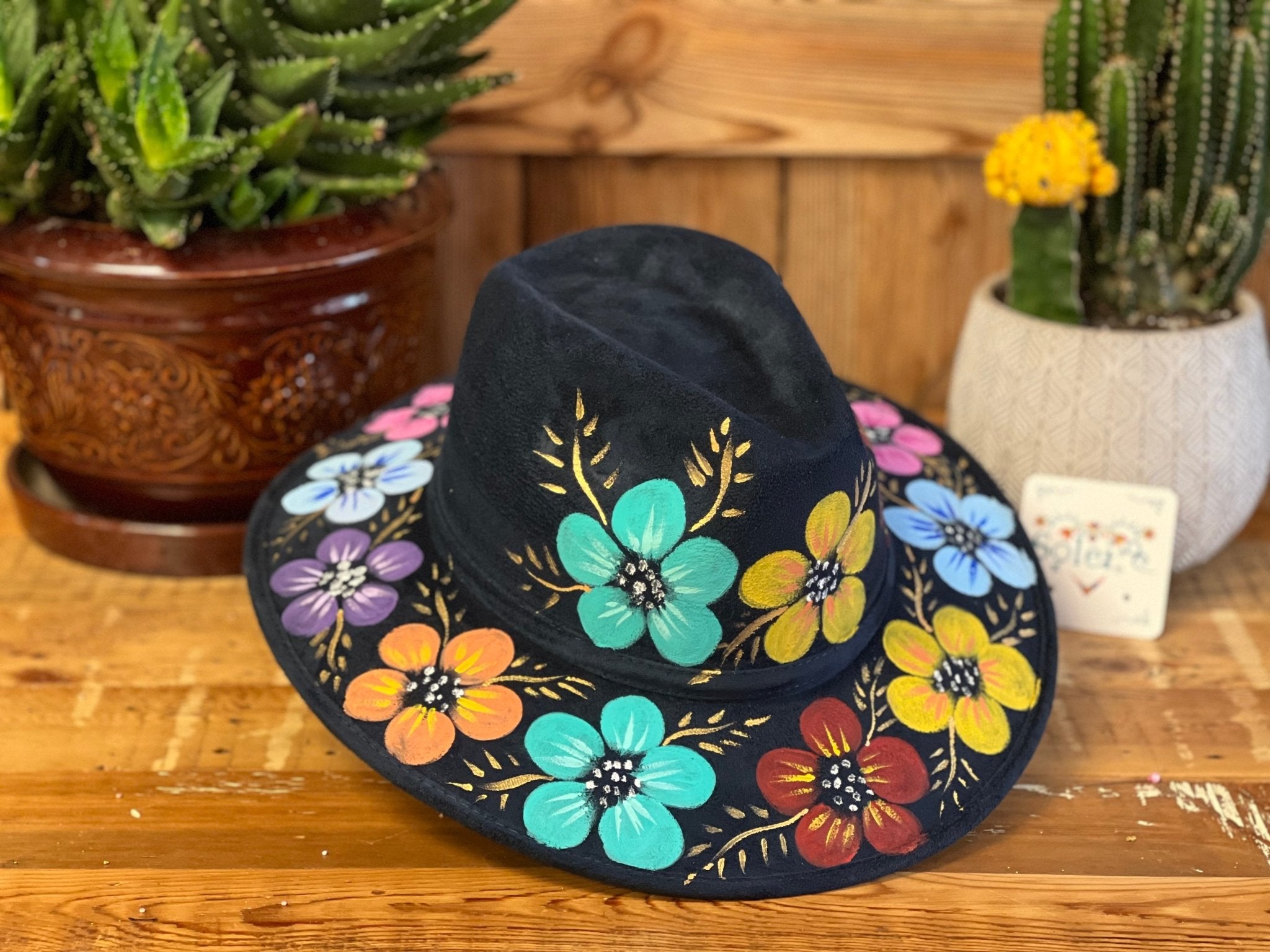 Mexican Suede Hand Painted Hat. Floral Artisanal Hat. Sombrero Flores. - Solei Store