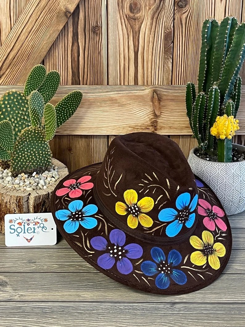 Mexican Suede Hand Painted Hat. Floral Artisanal Hat. Sombrero Flores. - Solei Store