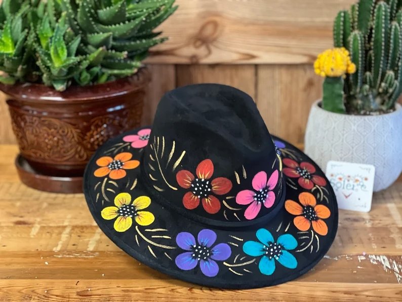 Mexican Suede Hand Painted Hat. Floral Artisanal Hat. Sombrero Flores. - Solei Store