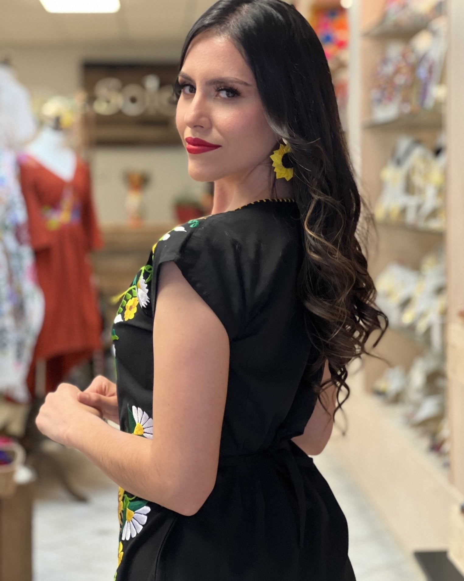 Mexican Sunflower Embroidered Dress. Kimono Guillermina Dress. - Solei Store