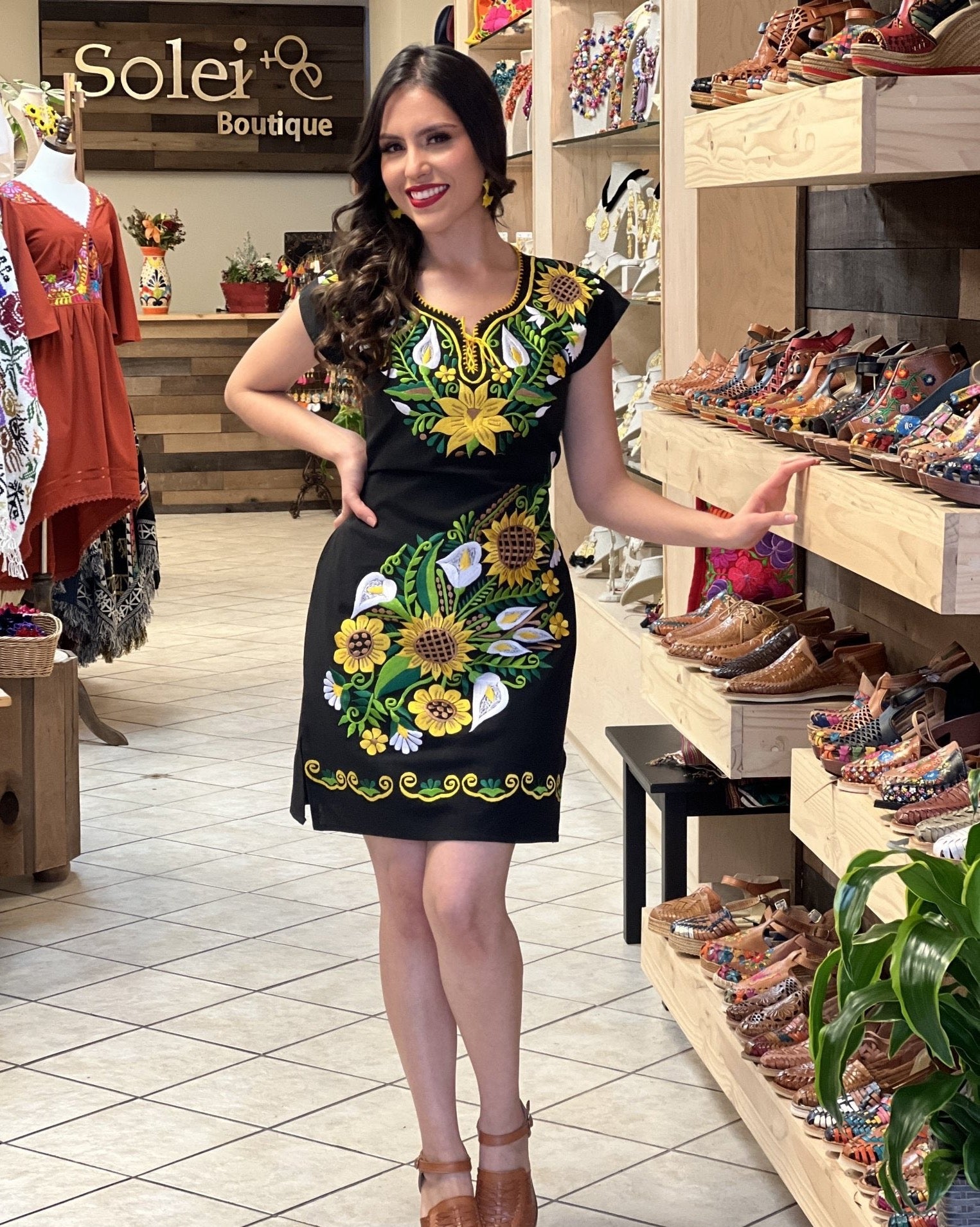Mexican Sunflower Embroidered Dress. Kimono Guillermina Dress. - Solei Store