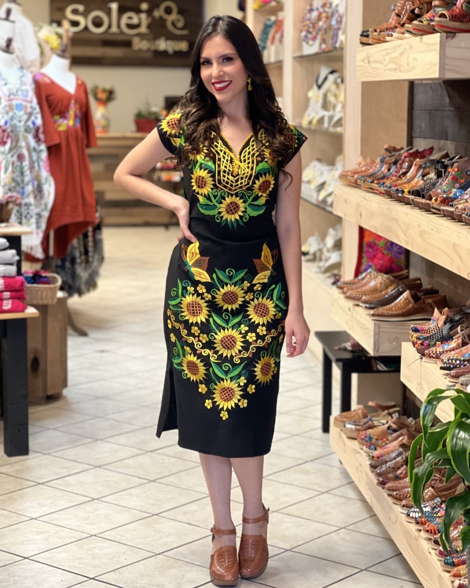 Mexican Sunflower Embroidered Dress. Long Kimono Sunflower Dress. - Solei Store