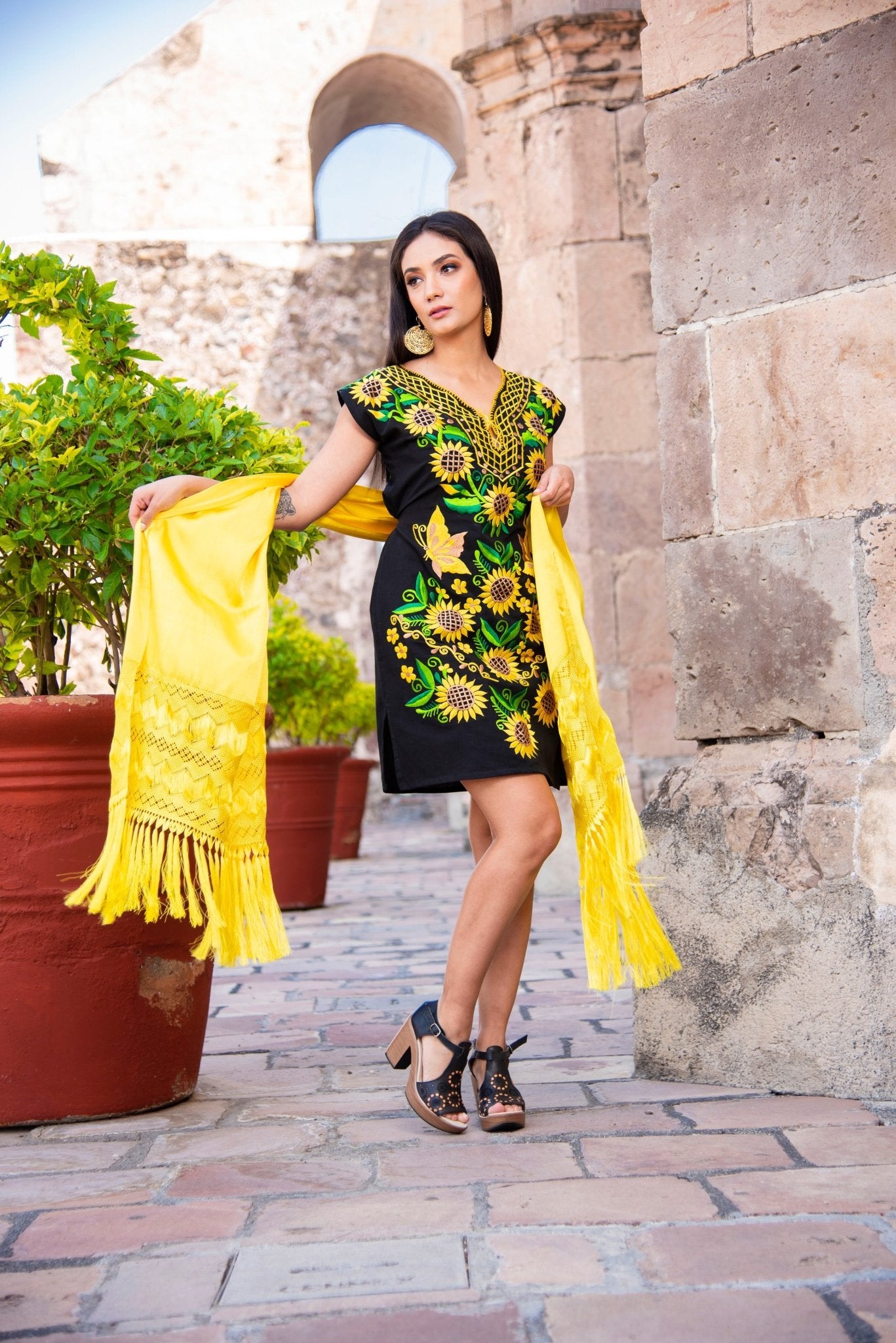 Mexican Sunflower Embroidered Dress. Short Kimono Sunflower Dress. - Solei Store