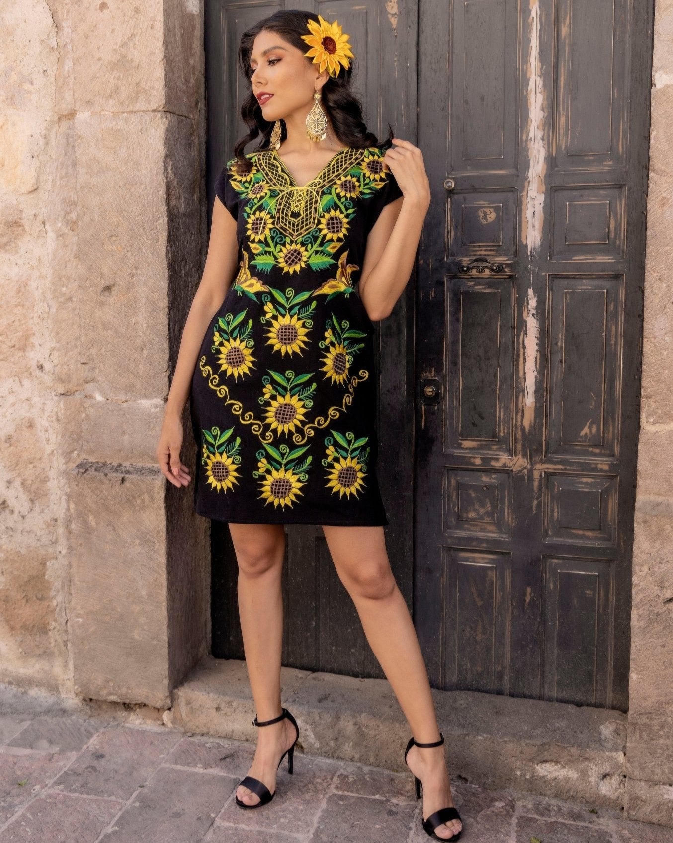 Mexican Sunflower Embroidered Dress. Short Kimono Sunflower Dress. - Solei Store