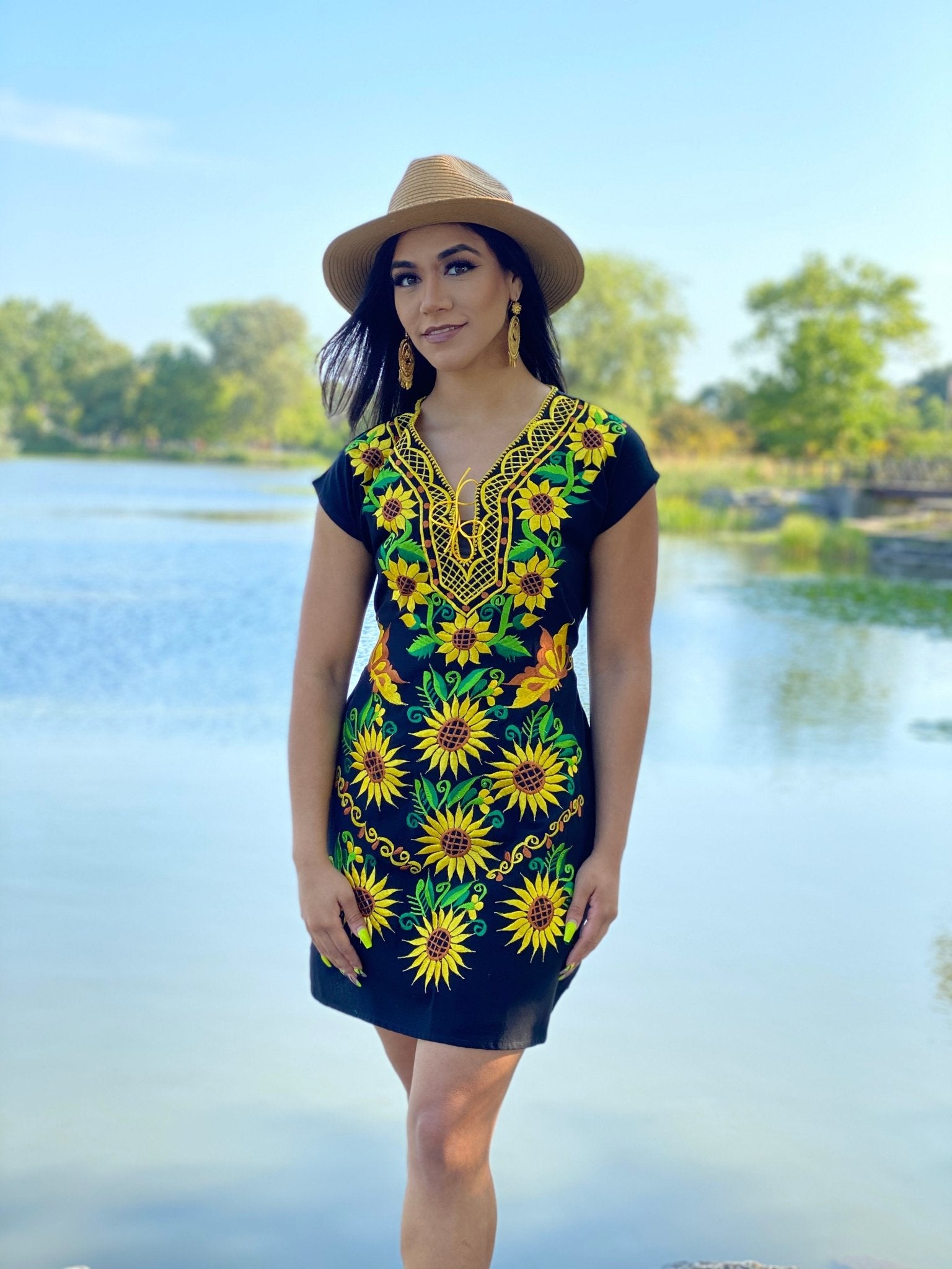 Mexican Sunflower Embroidered Dress. Short Kimono Sunflower Dress. - Solei Store