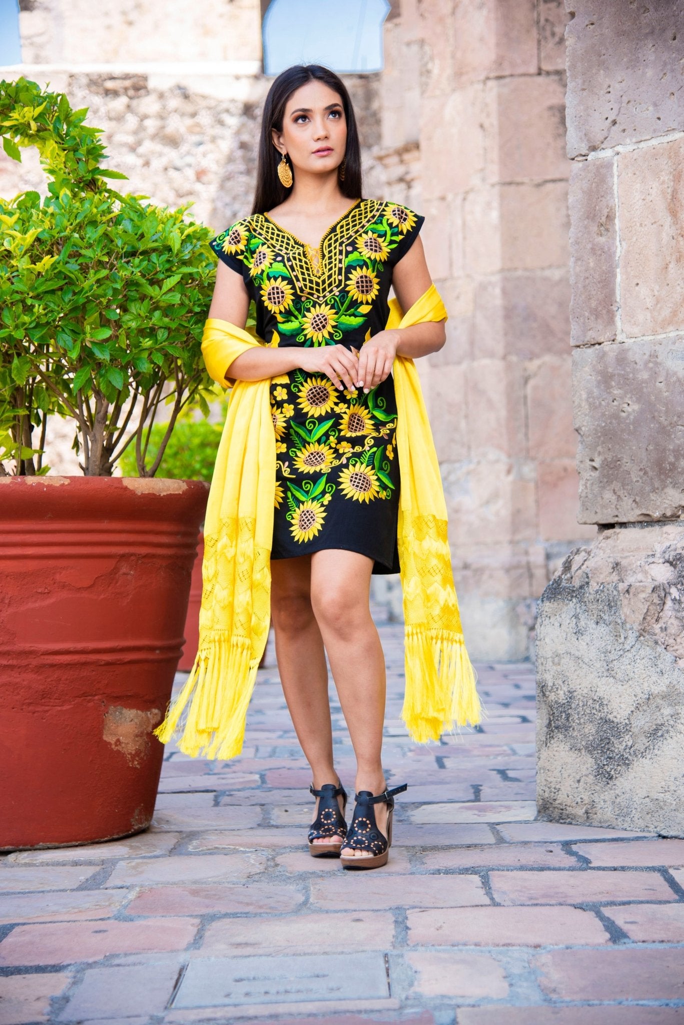 Mexican Sunflower Embroidered Dress. Short Kimono Sunflower Dress. - Solei Store