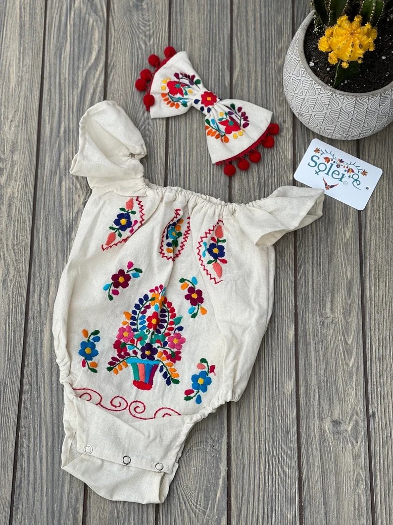 Mexican Traditional Baby Floral Hand Embroidered Bodysuit. Pañalero - Solei Store